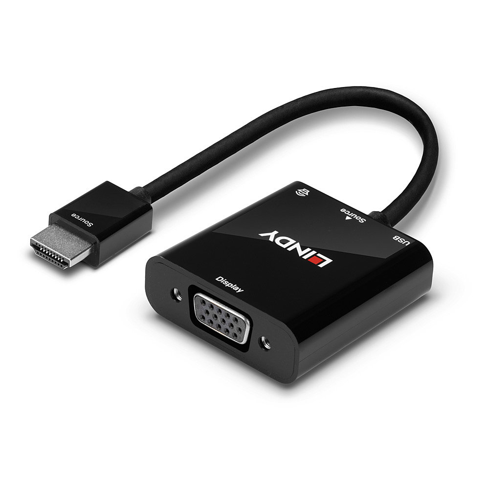 Adaptador Lindy negro y plateado con conector USB y VGA, fondo blanco.