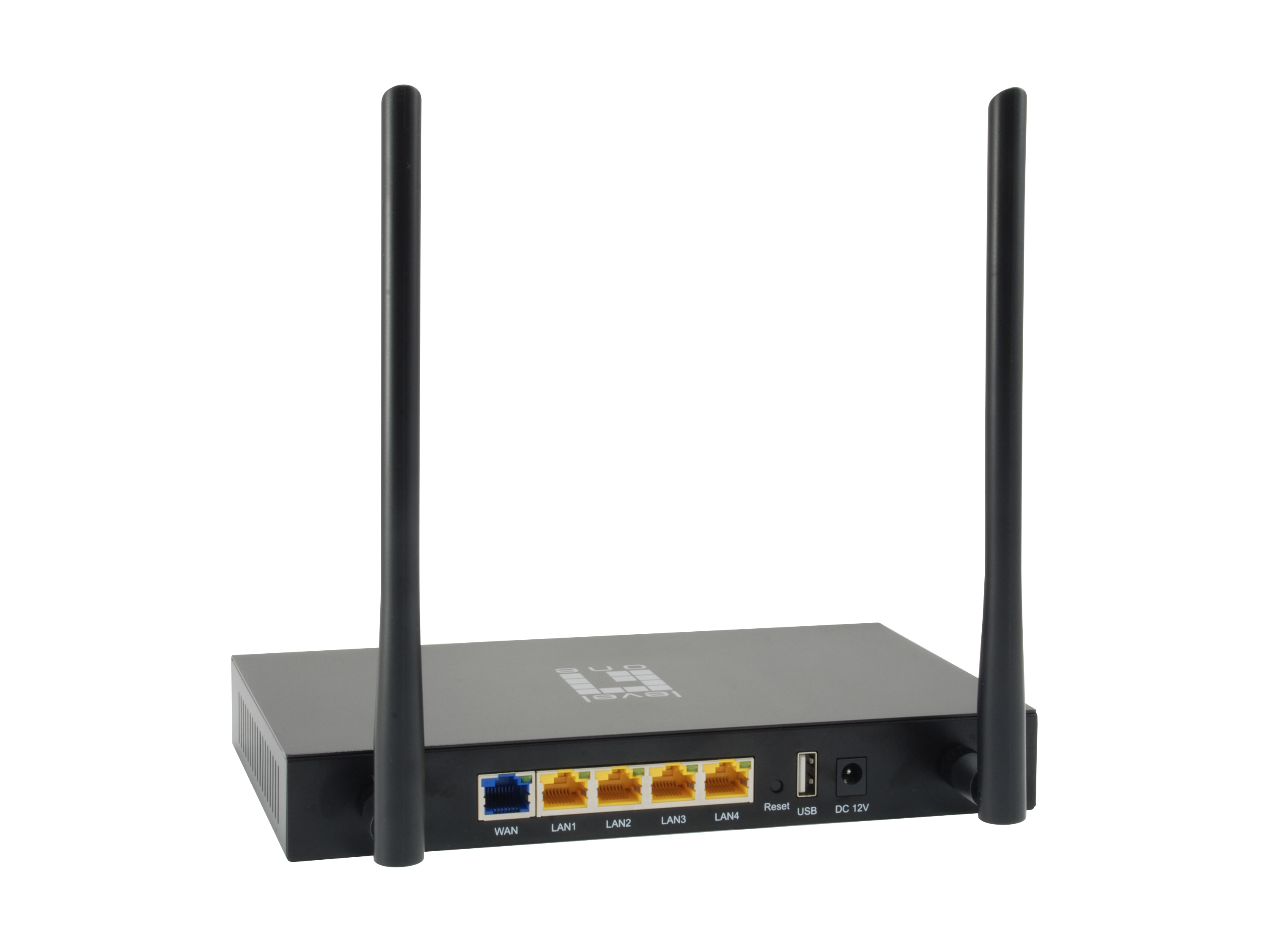 Black router with two antennas. It has WAN, LAN ports, USB, and a reset button.