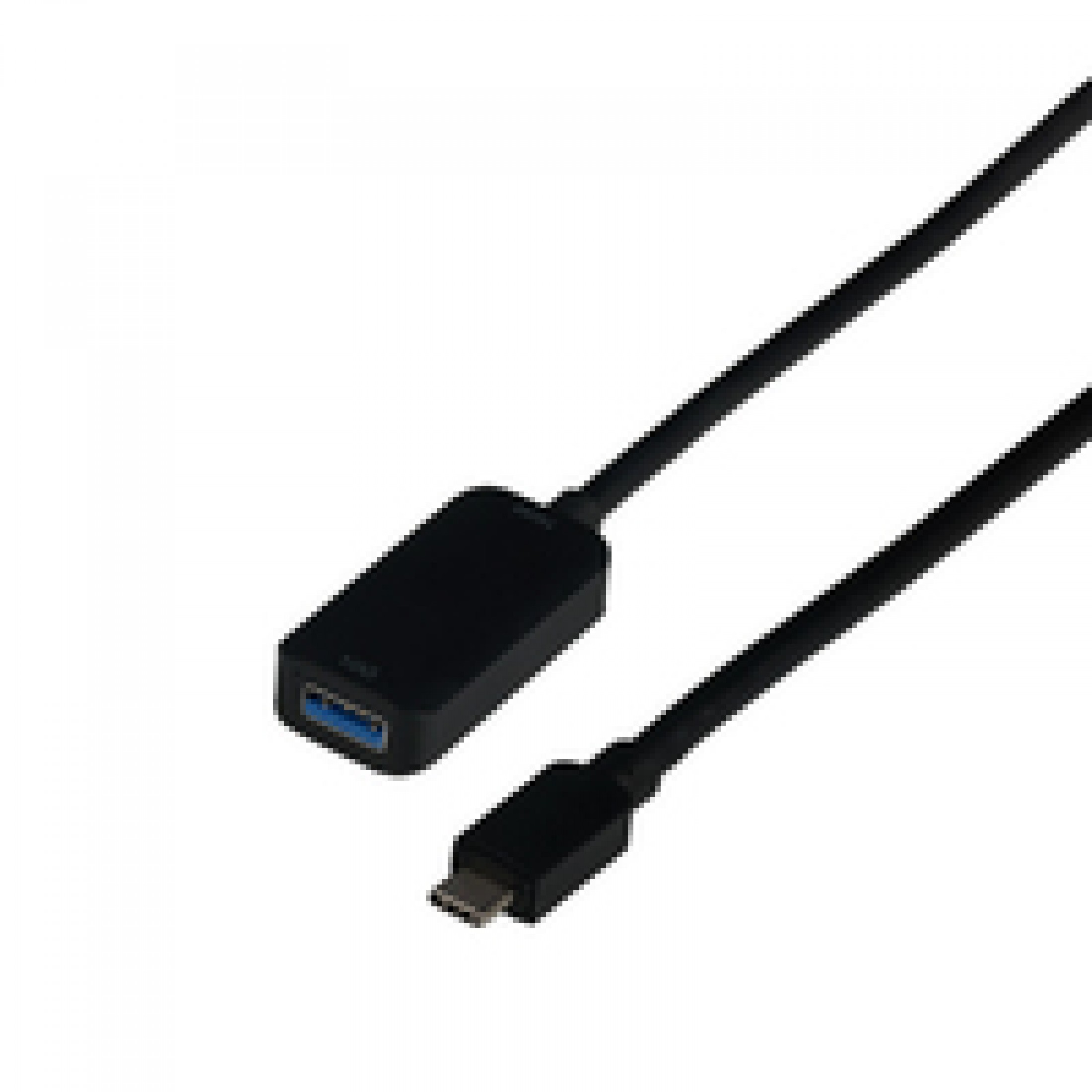 Cavo nero da USB a USB-C. Il lato USB ha una porta blu.