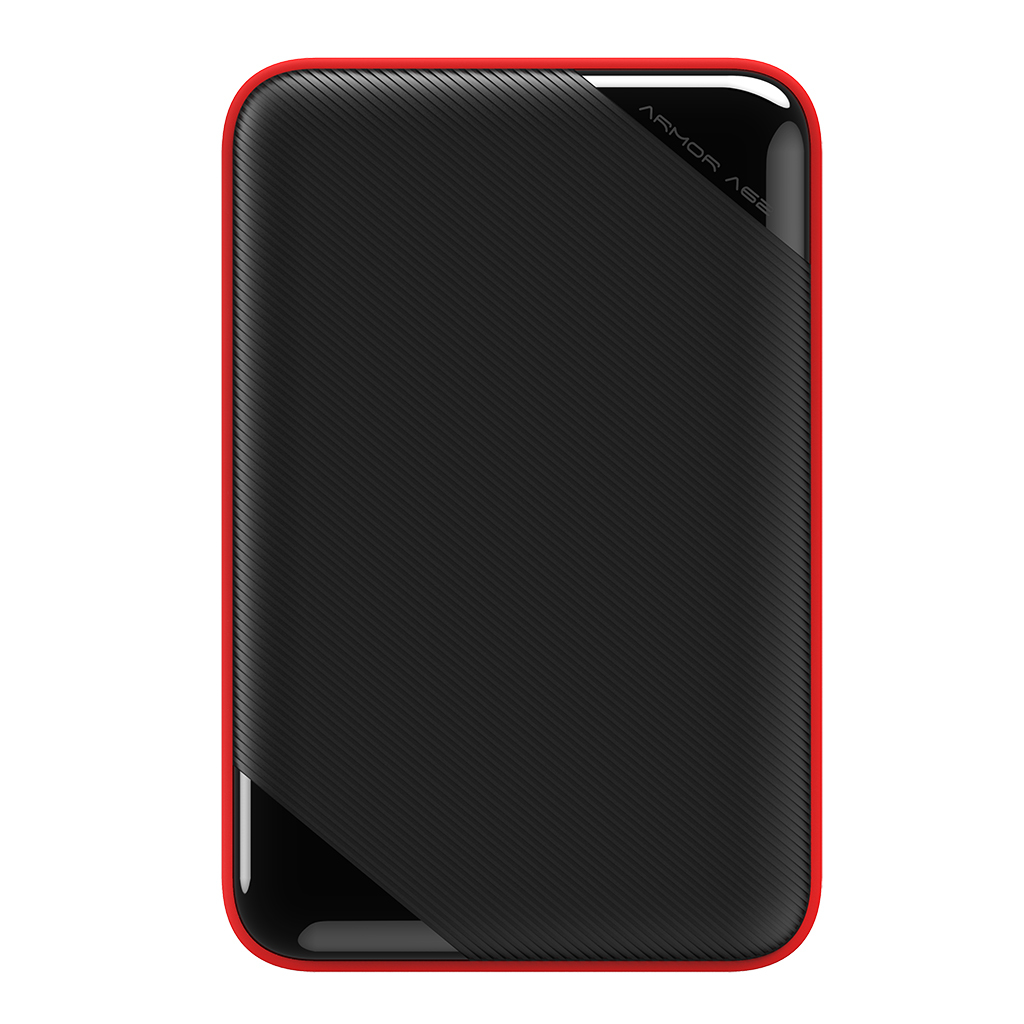 Zwarte externe harde schijf met een rood frame en een getextureerd oppervlak, witte achtergrond.