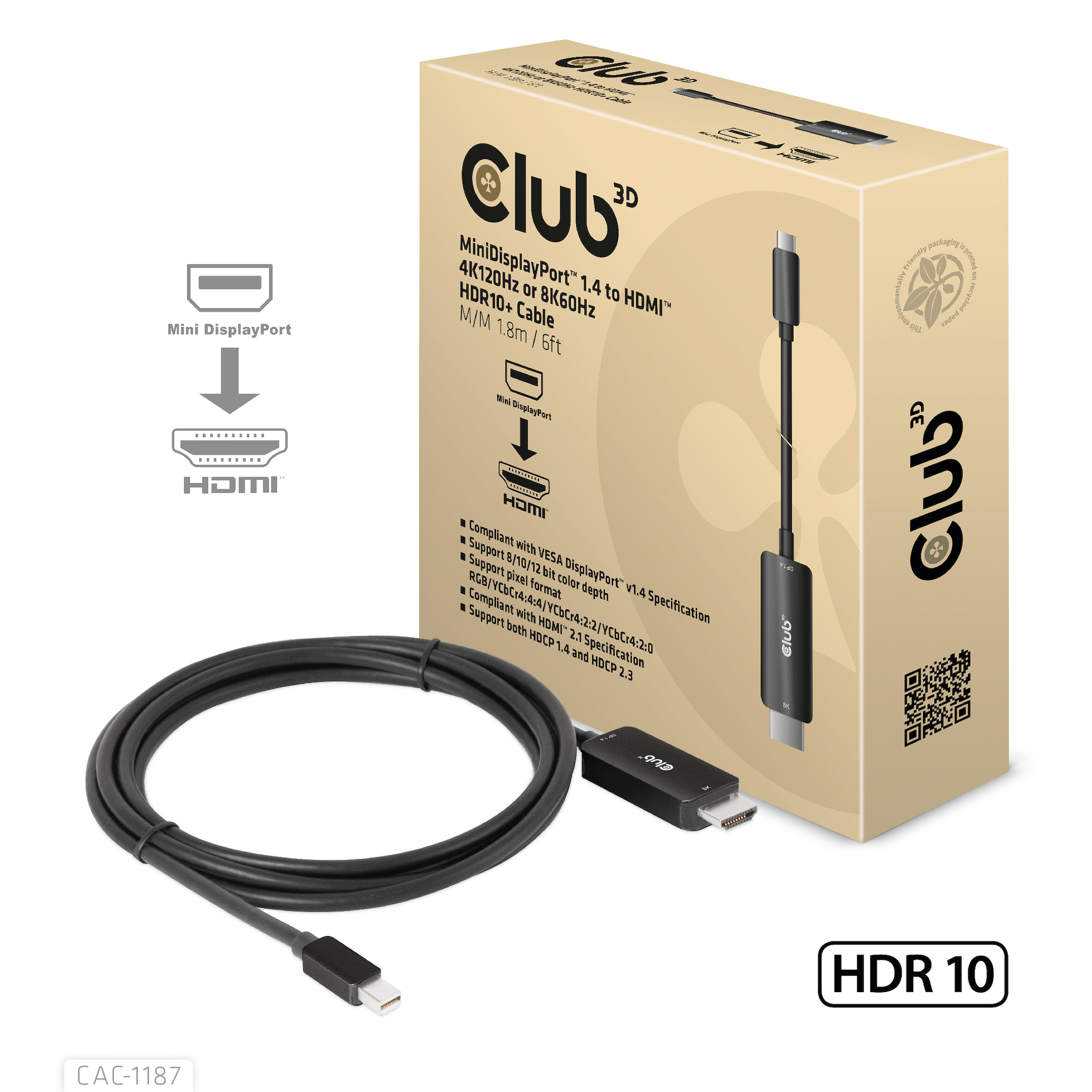 Club 3D Mini DisplayPort naar HDMI-kabel setbox. Zwarte kabel en adapter, witte achtergrond, tekst.