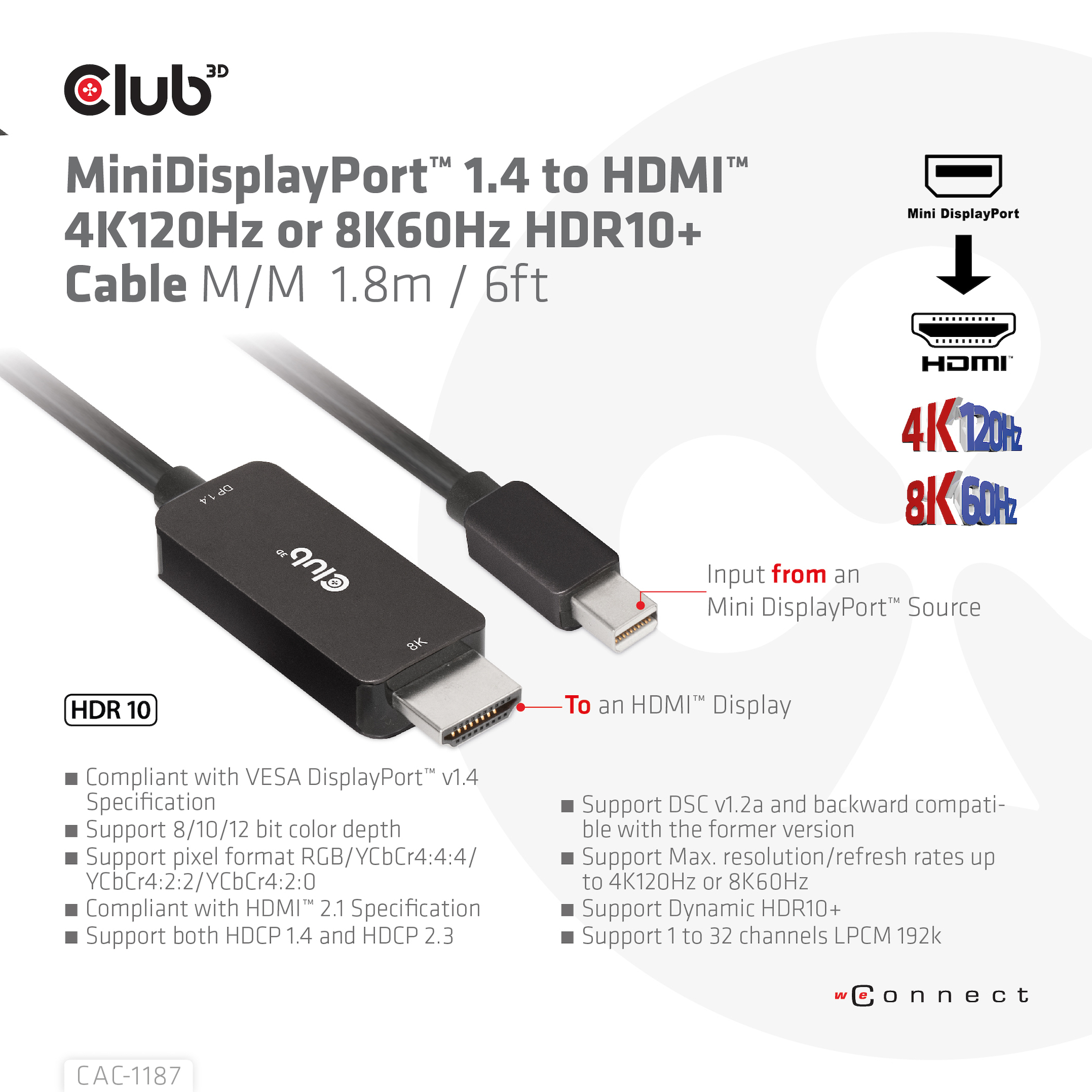 Club 3D Mini DisplayPort naar HDMI-kabel, zwarte kabel en adapter, witte achtergrond, tekst.