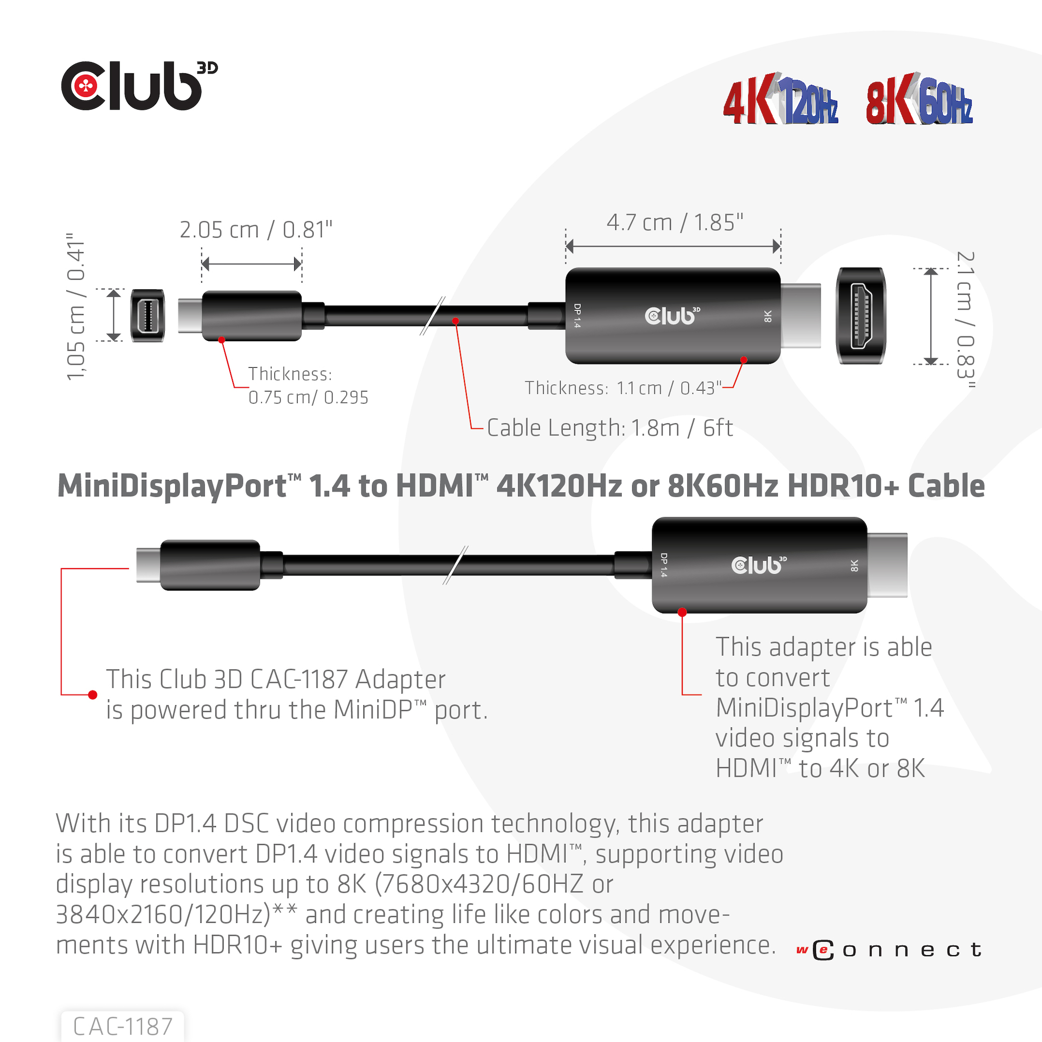 Mini DisplayPort 1.4 naar HDMI-kabel. Het is zwart met metingen en technische details.