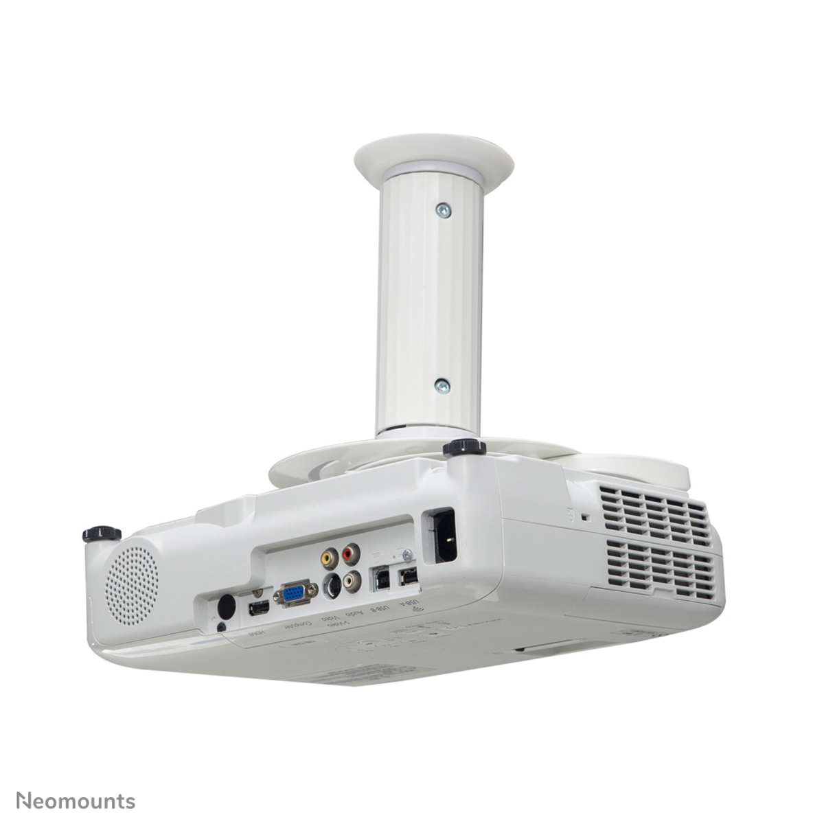 A white projector hanging from a white pole, viewed from a low angle.