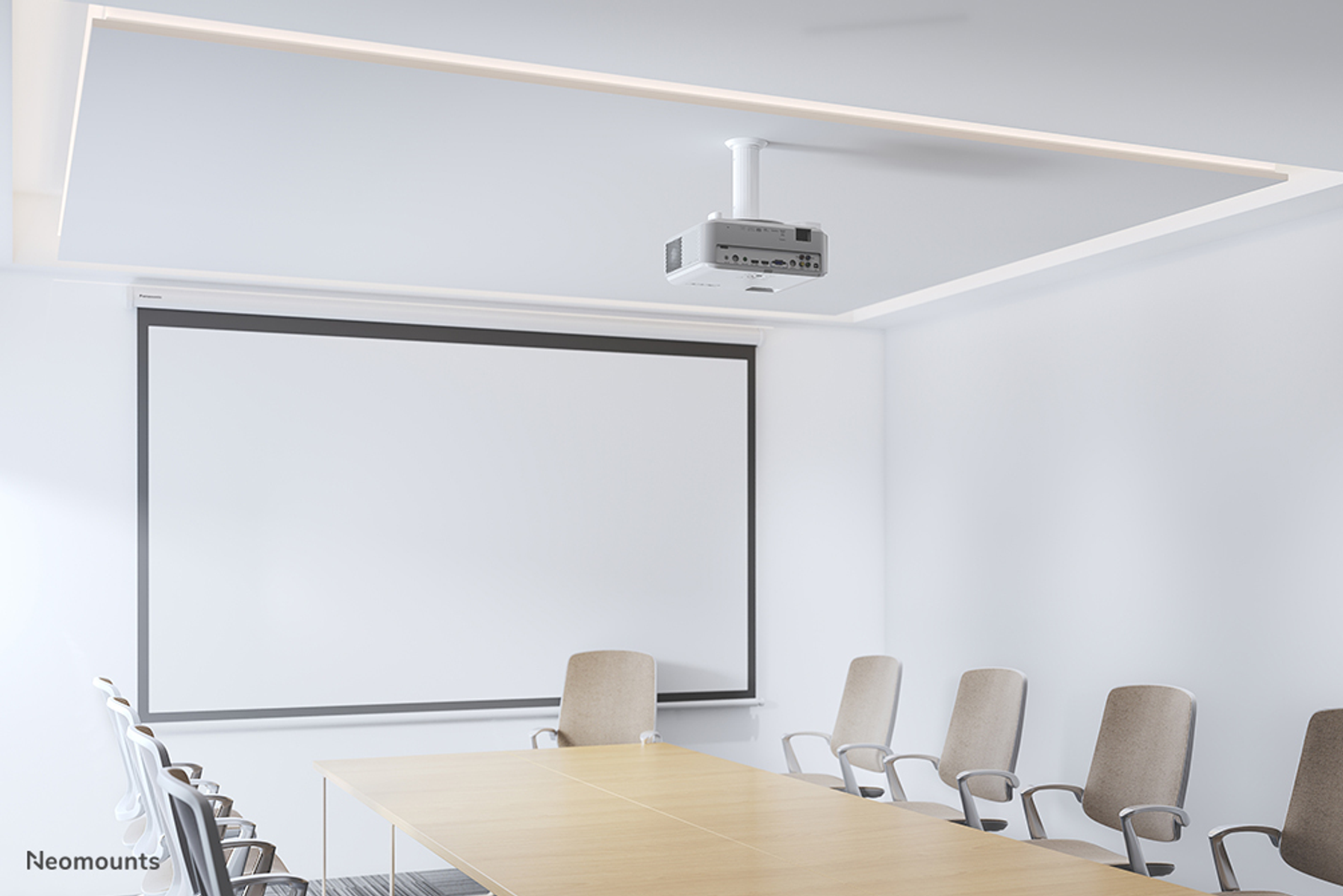 A conference room with projector screen, projector, and chairs.