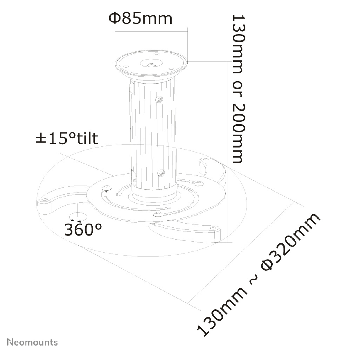 Diagram of a ceiling mount with dimensions, showing tilt and rotation capabilities.