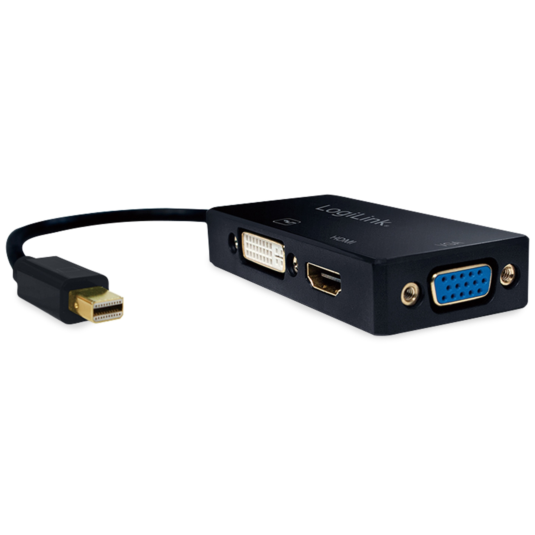 Czarny adapter z portami DVI, HDMI i VGA oraz złączem mini DisplayPort.