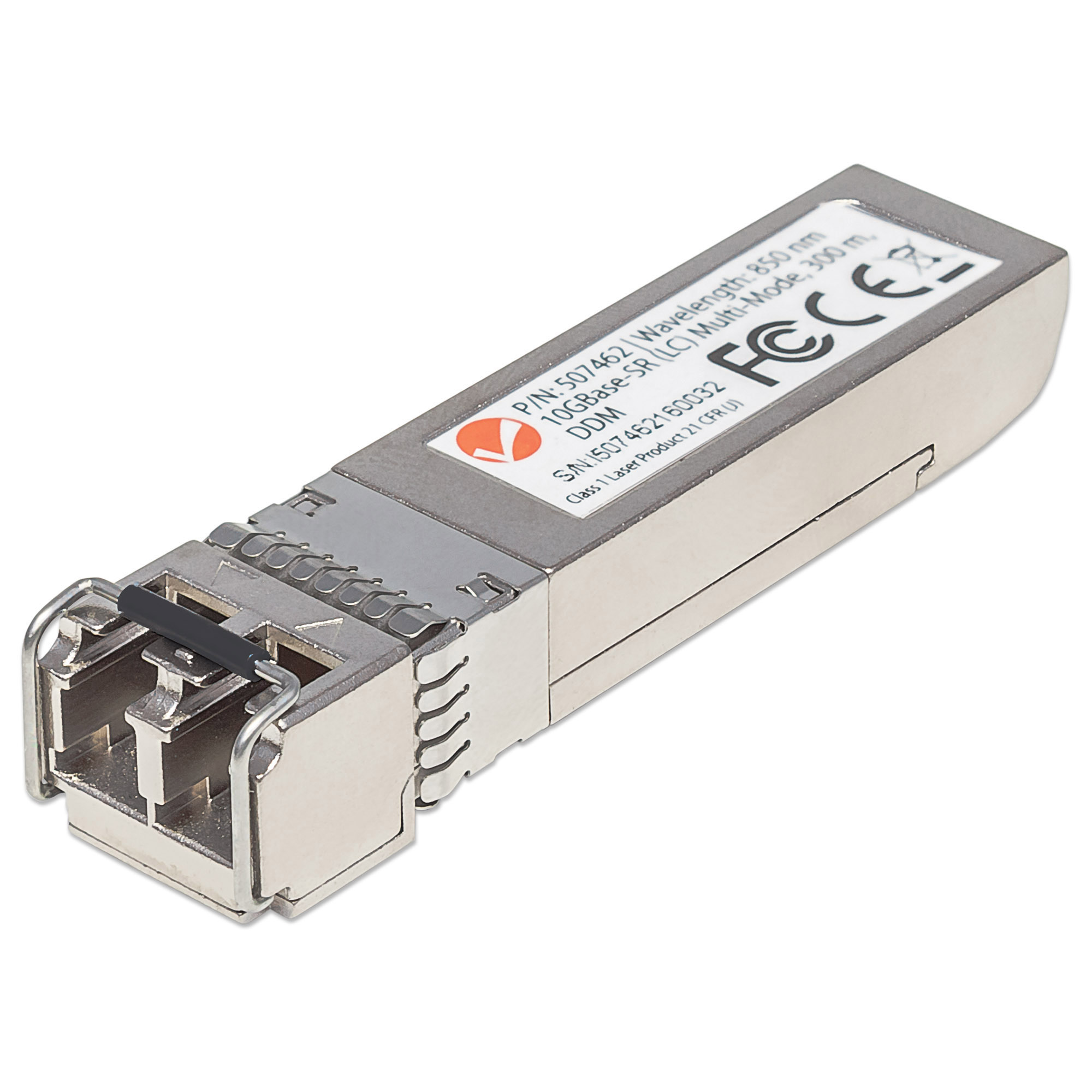 Srebrny transceiver SFP z etykietą. Pokazuje '100Gbase SR (LC) Multi-Mode' i inne informacje.
