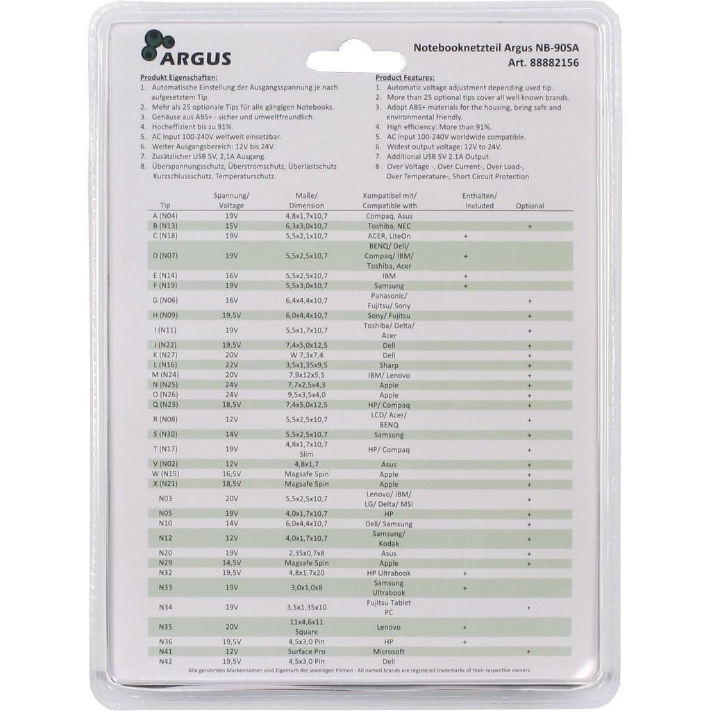 Karta informacyjna produktu z tabelą specyfikacji dla adaptera do notebooka.