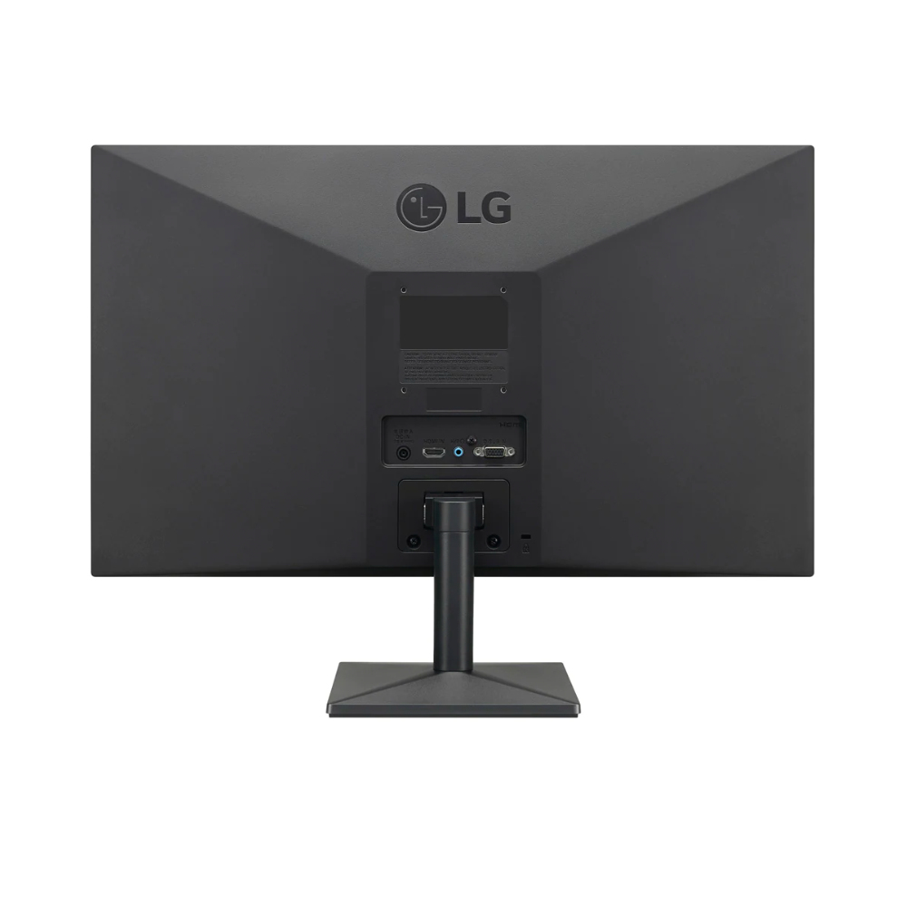 Monitor LG, vista posteriore, nero, porte e supporto, sfondo bianco, con il logo LG.