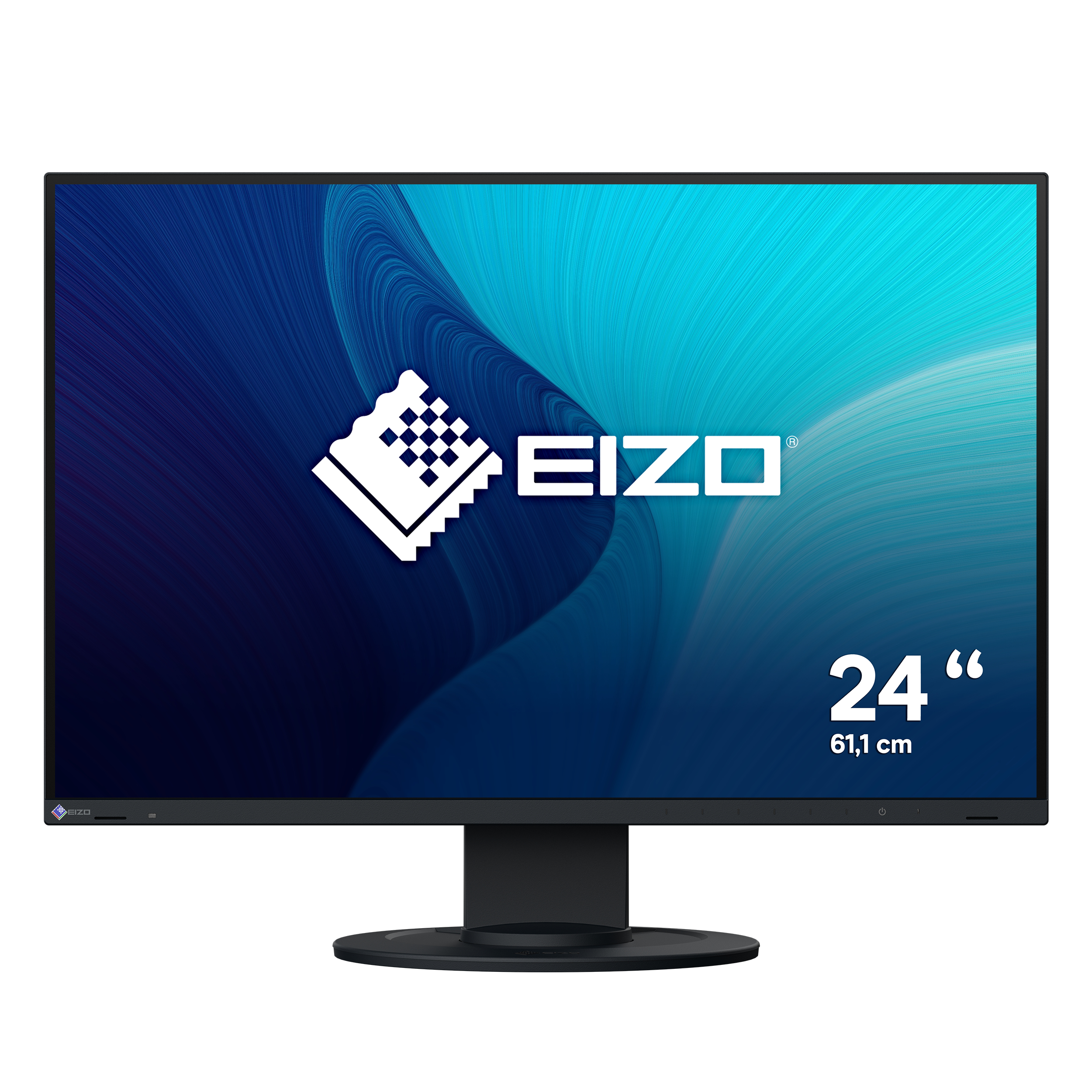 Monitor EIZO, czarny z białym logo, na czarnej podstawie, na białym tle.