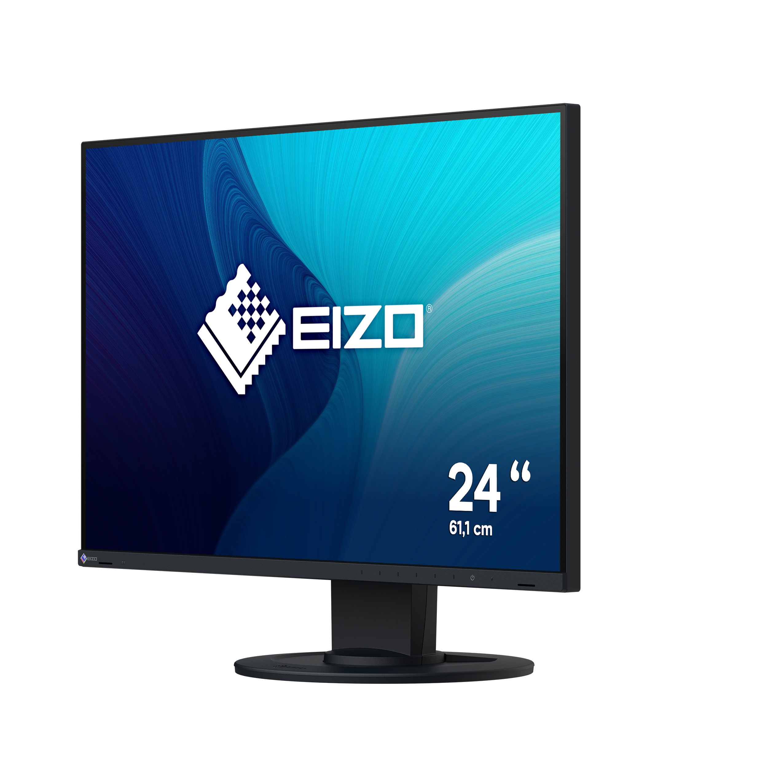Monitor EIZO. Czarna ramka, czarna podstawa. Białe tło.