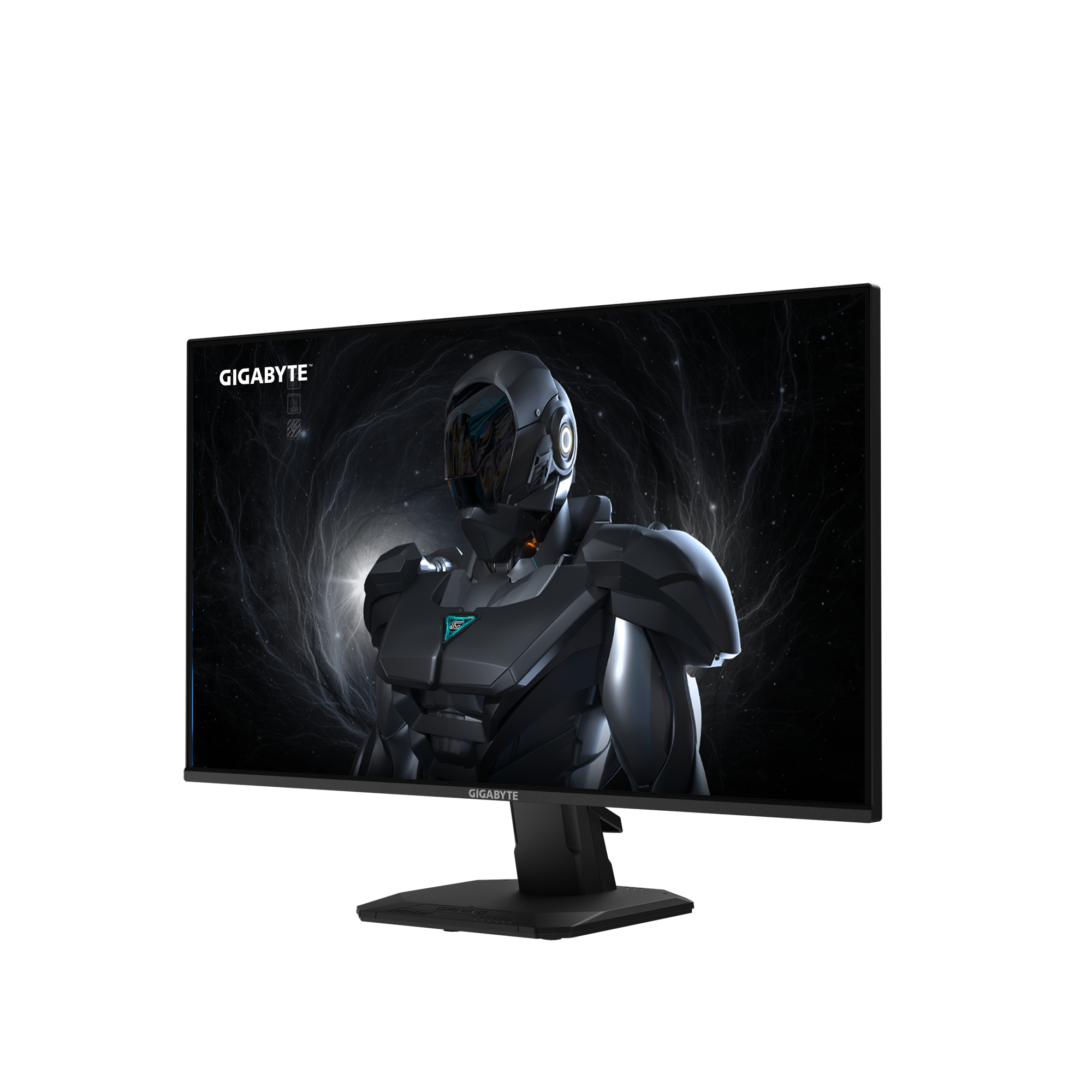 Monitor Gigabyte z futurystyczną postacią na ekranie, czarną podstawą i czarną ramką.
