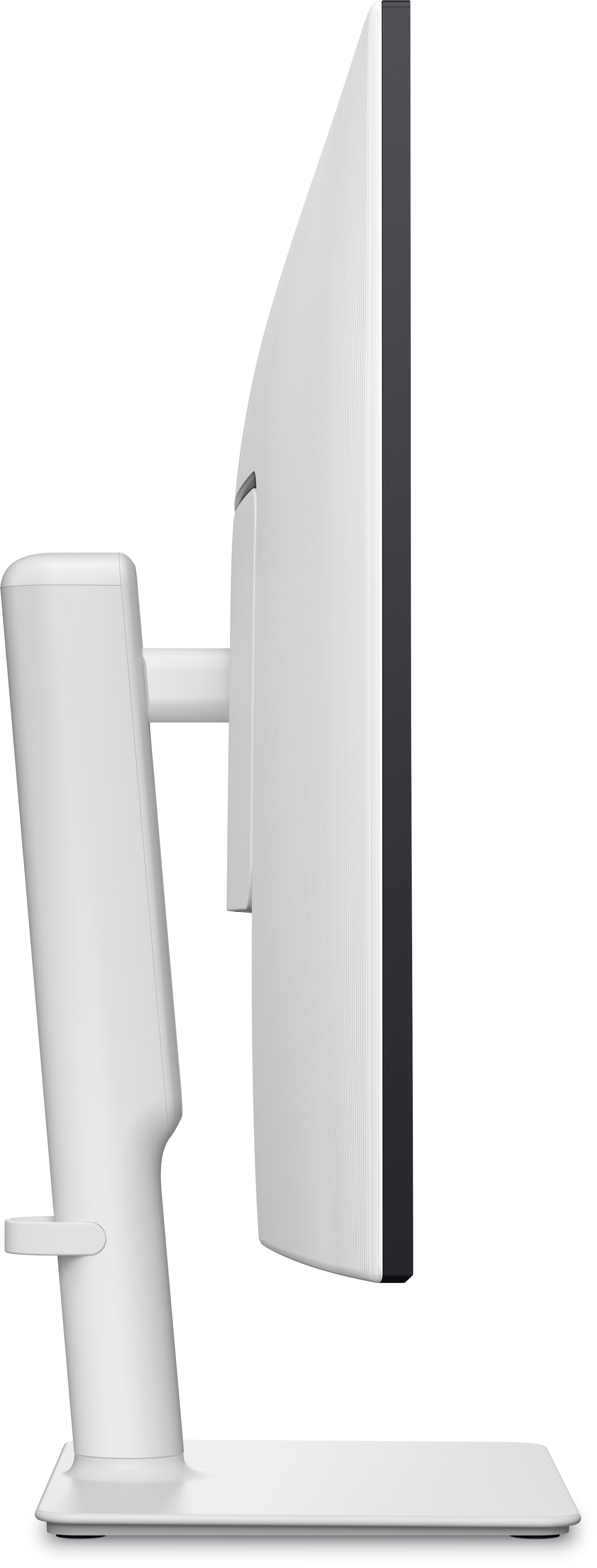 Widok z boku białego zakrzywionego monitora. Ma czarną ramkę. Monitor stoi na białej podstawie, a tło jest białe.