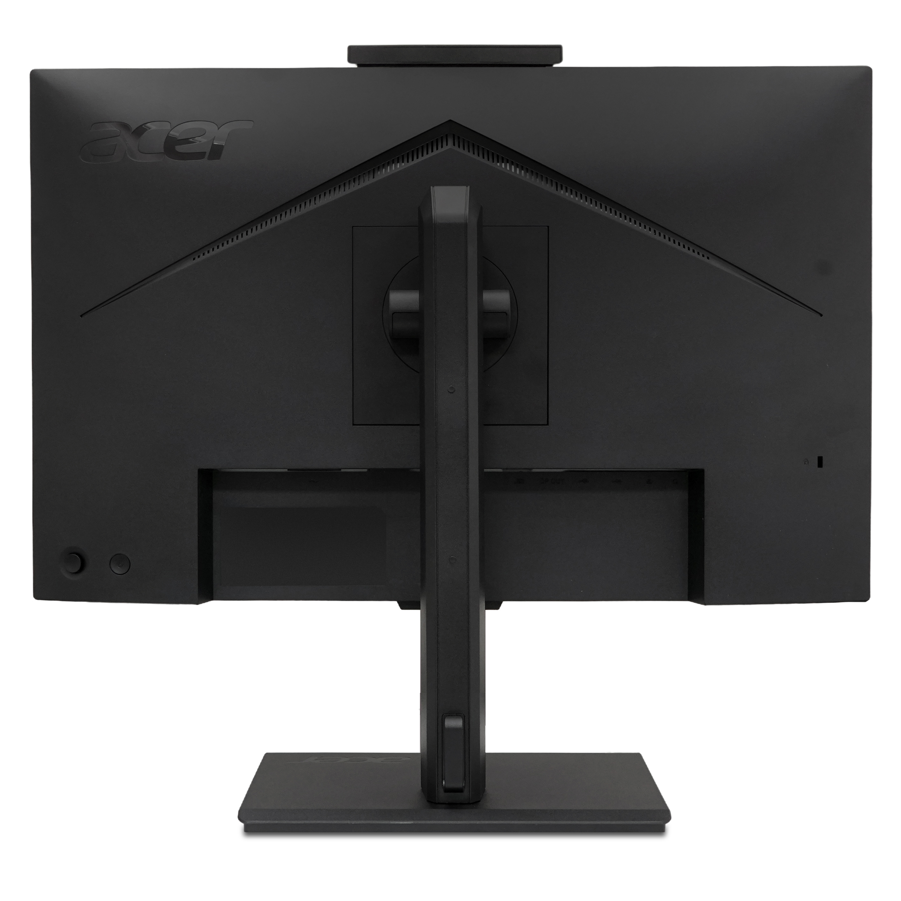 Vista posteriore di un monitor Acer nero con supporto e webcam.