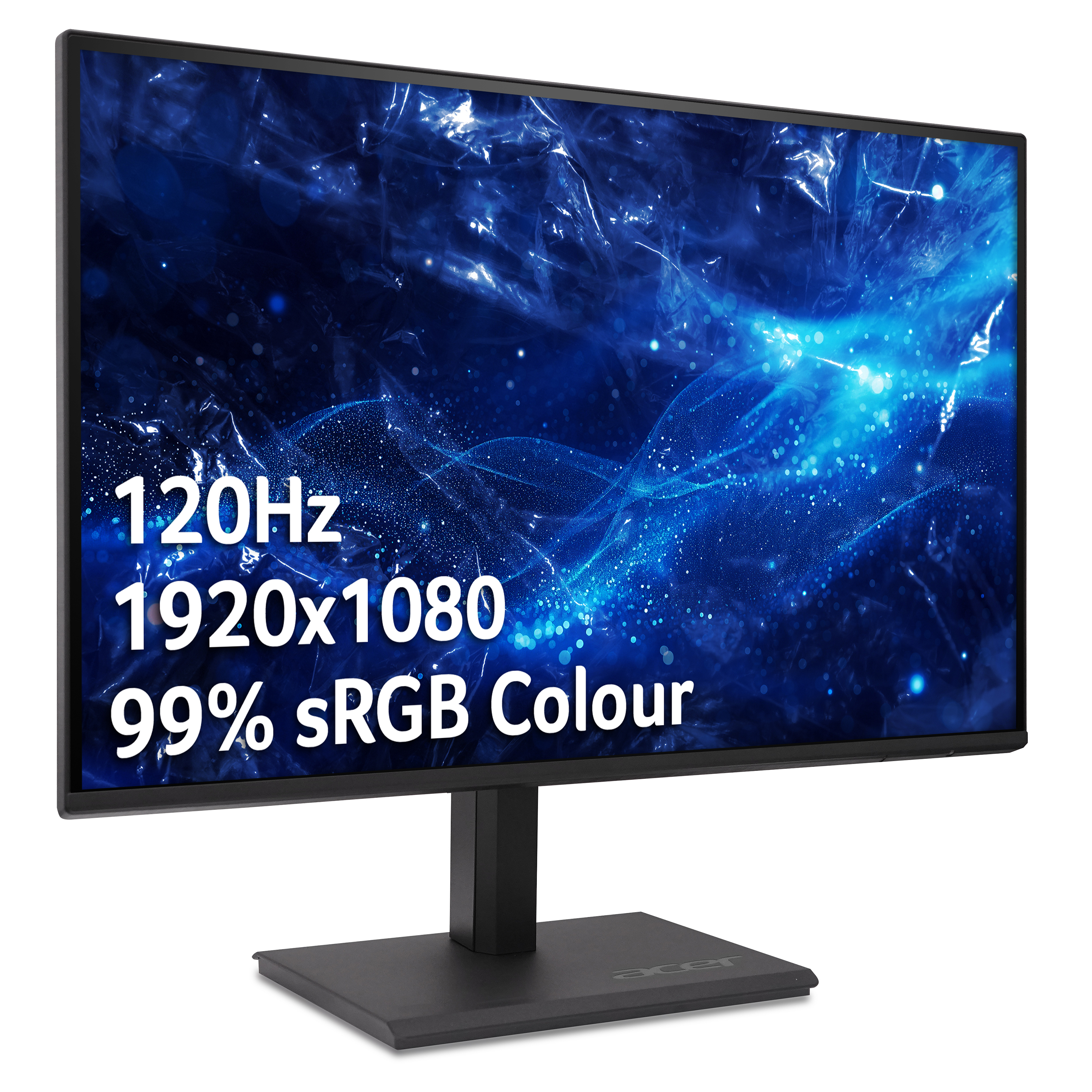 Un monitor nero con testo: 120Hz, 1920x1080, 99% sRGB Colore.