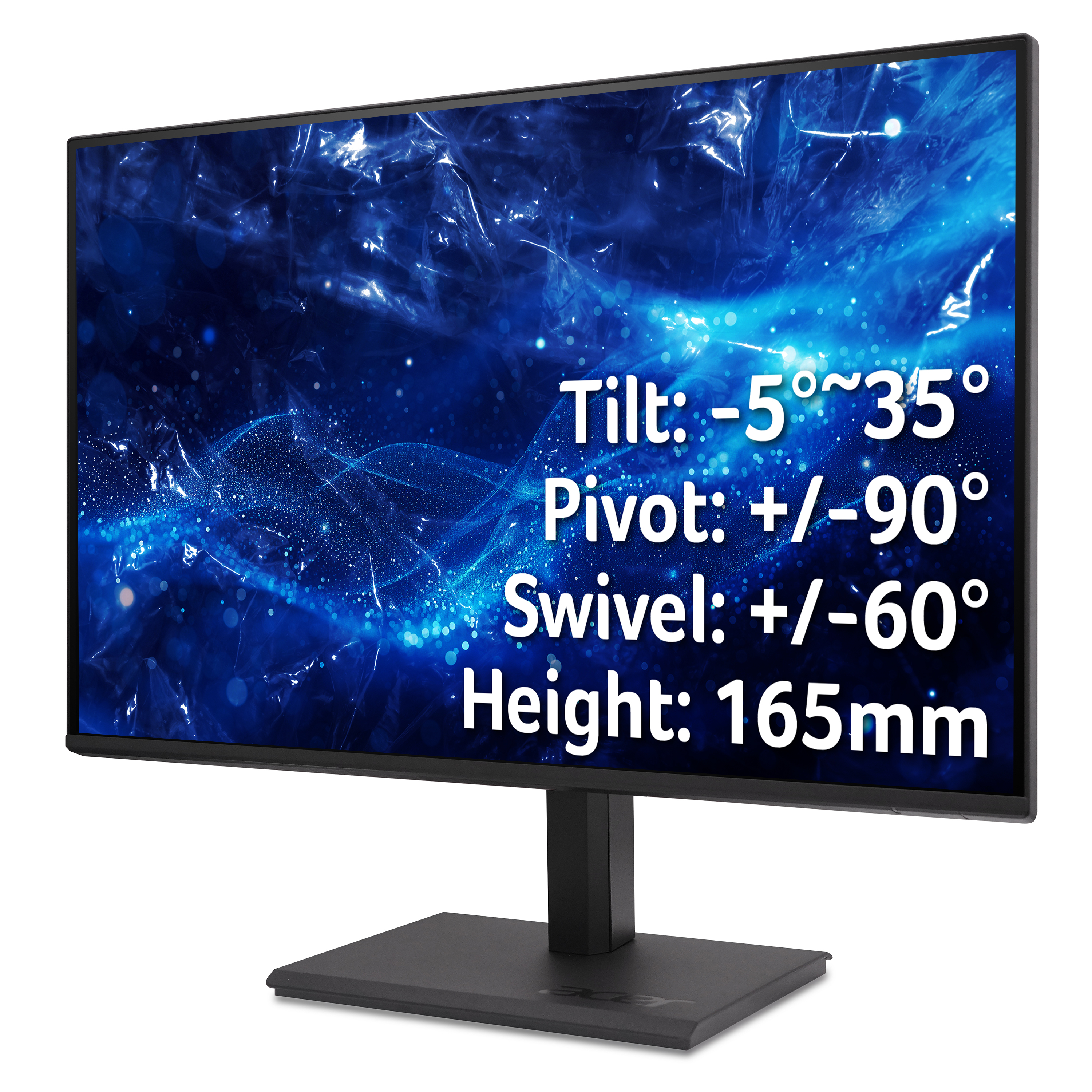 Un monitor nero con testo: Inclinazione: -5°~35°, Rotazione: +/-90°...
