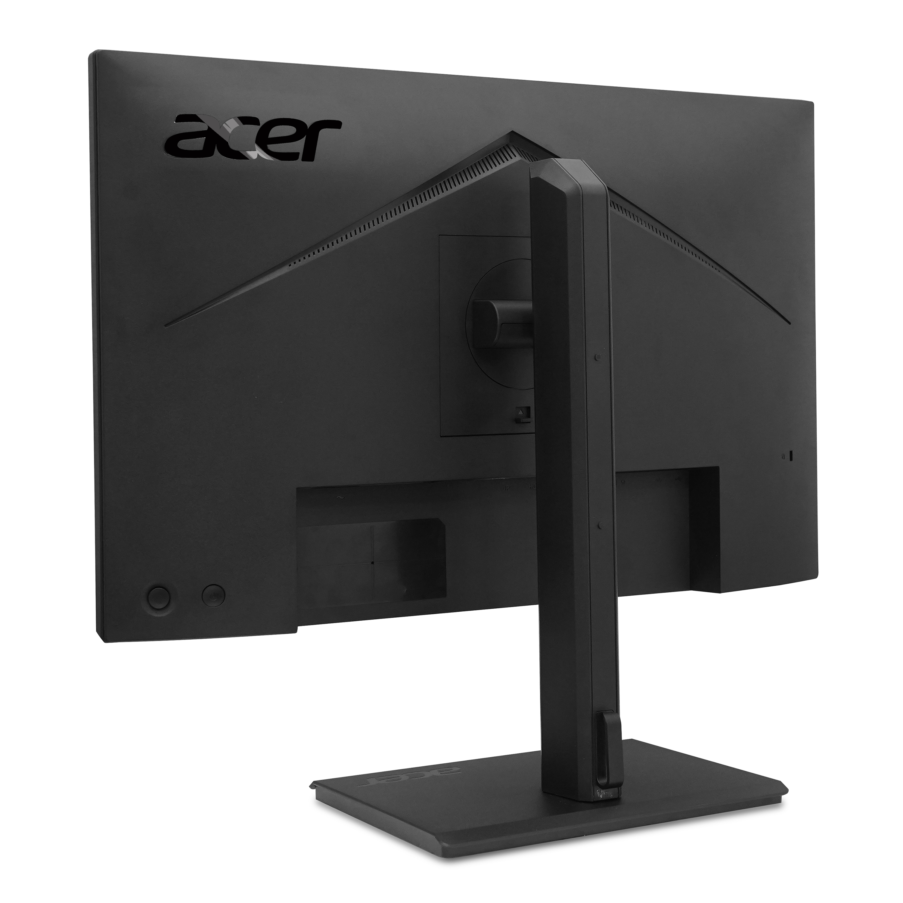 Vista posteriore di un monitor Acer nero su un supporto nero.