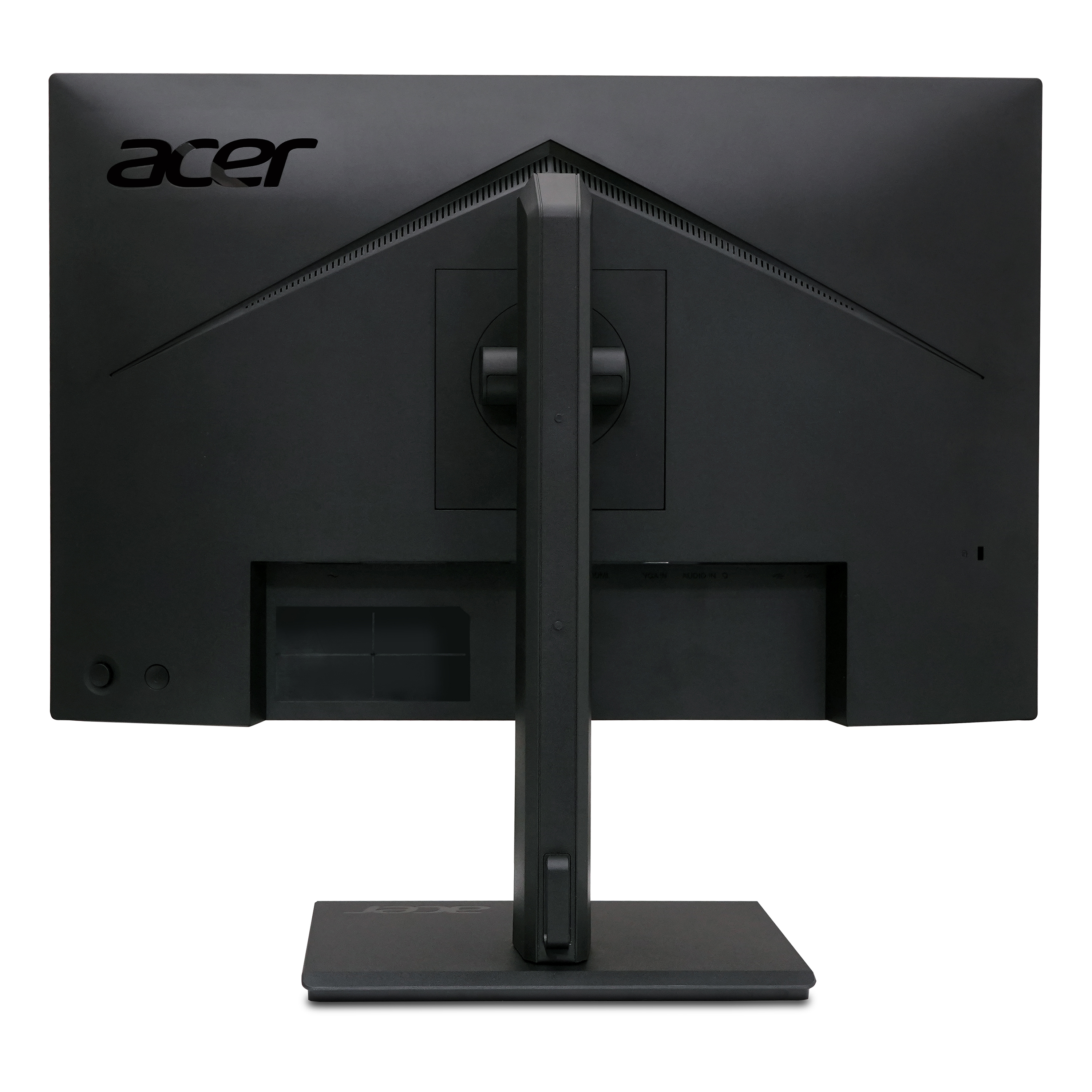 Retro di un monitor Acer nero con supporto. Varie porte visibili.