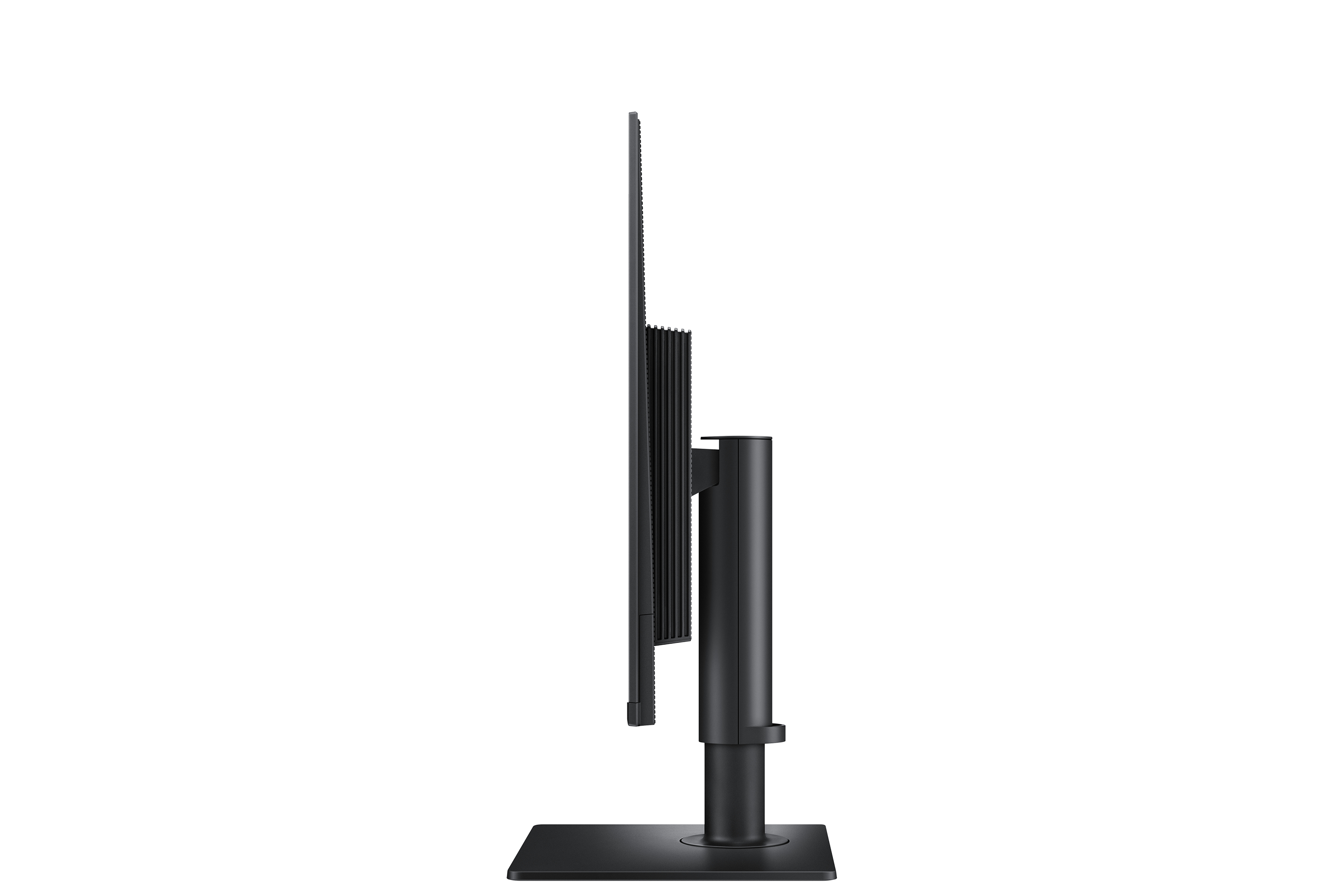 Widok z boku czarnego monitora z czarną podstawą na białym tle.