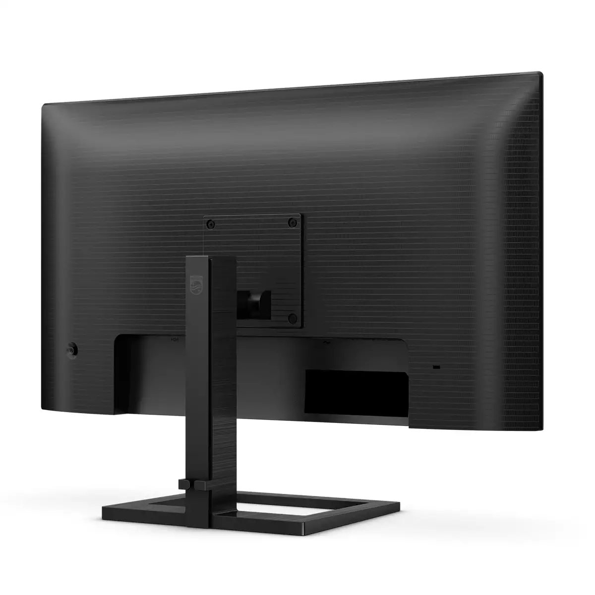 Schwarze Monitorrückseite mit Ständer, Anschlüssen. Strukturierte Oberfläche. Der Ständer ist schwarz. Weißer Hintergrund.