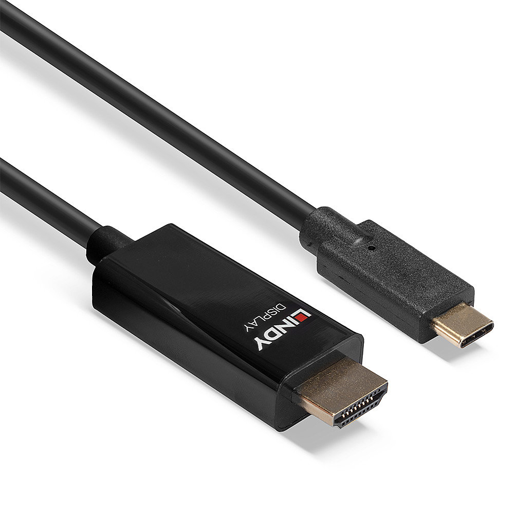 Cavo da HDMI a USB-C nero. Sfondo bianco.