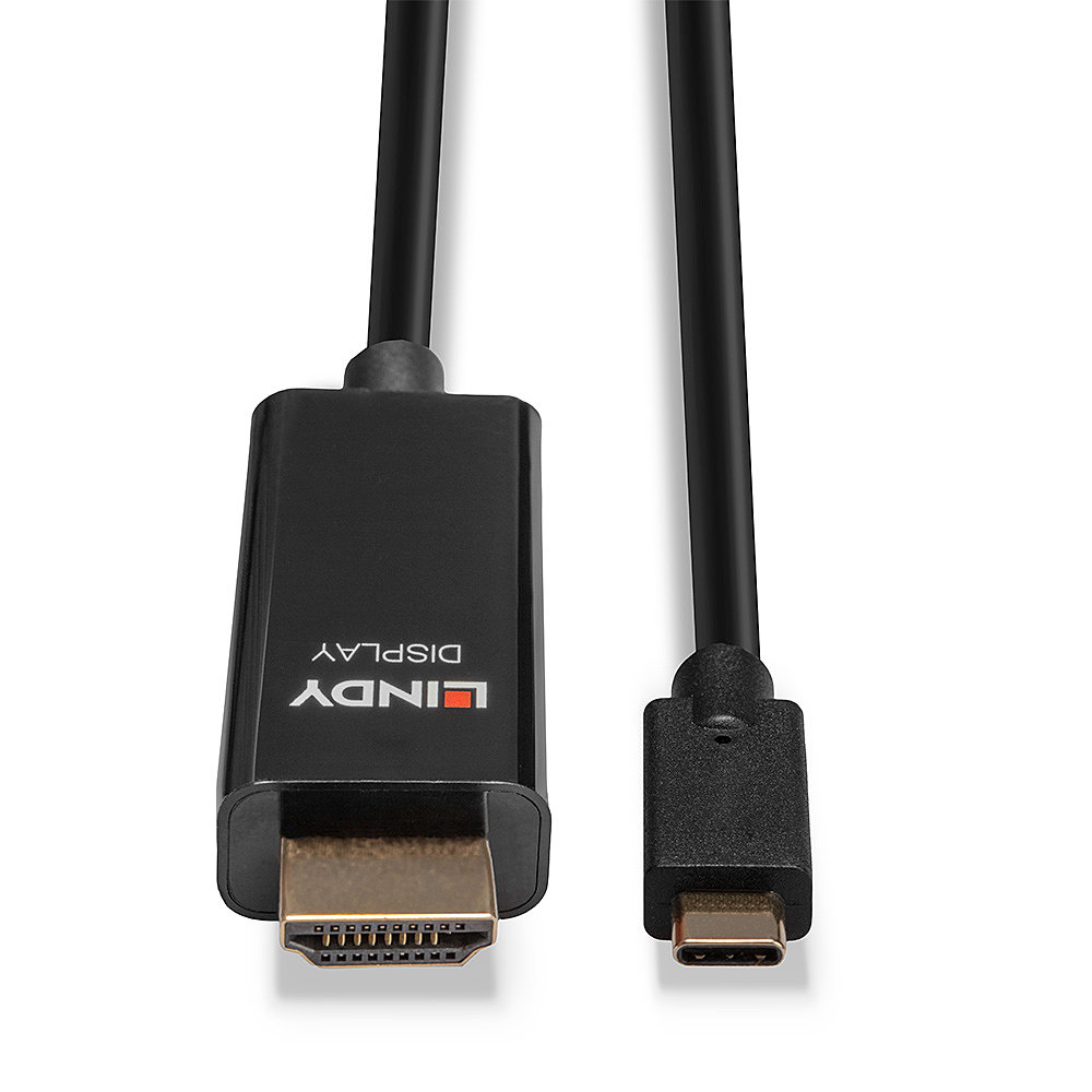 Cavo da HDMI a USB-C nero. Sfondo bianco.