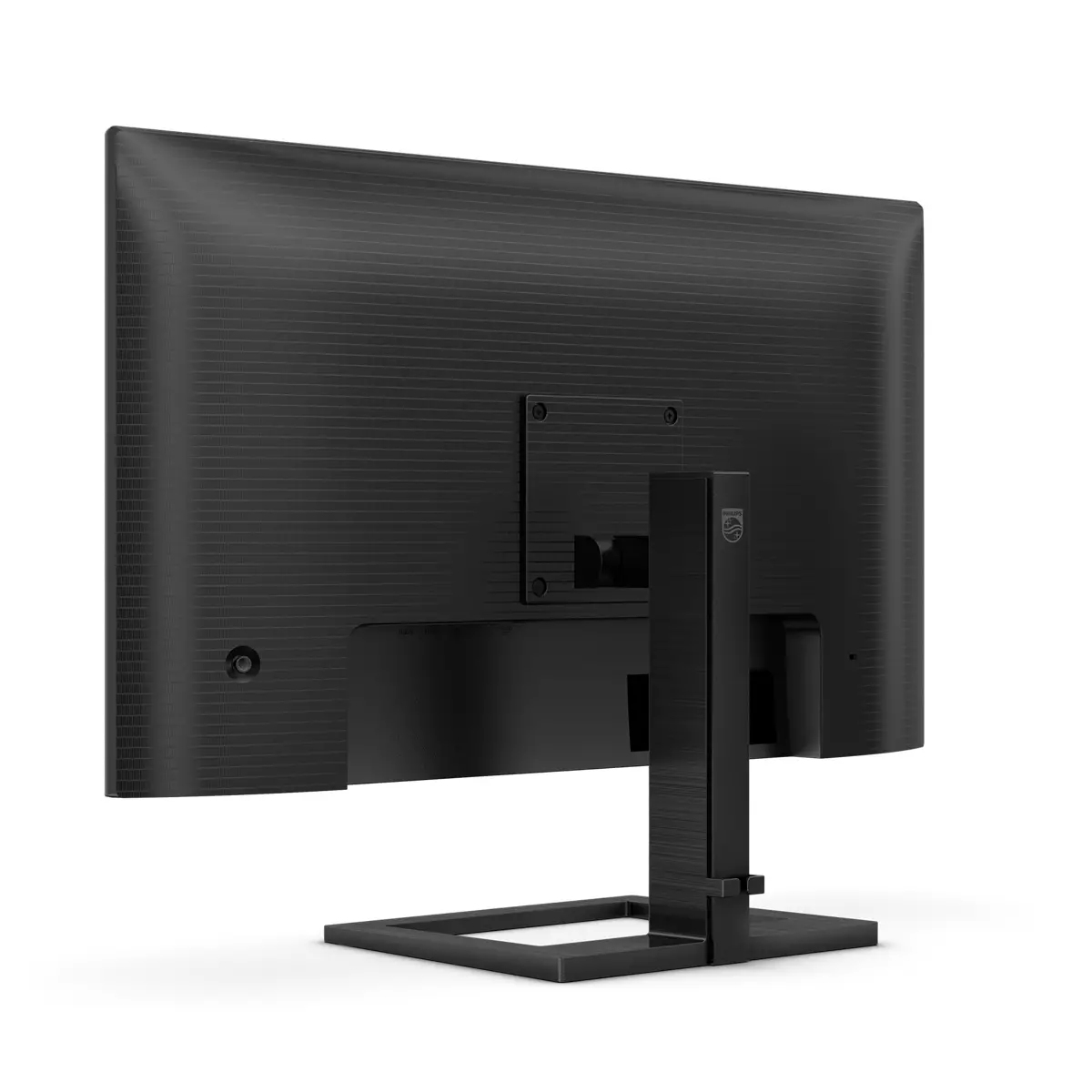 Schwarze Monitorrückseite mit Ständer. Weißer Hintergrund.