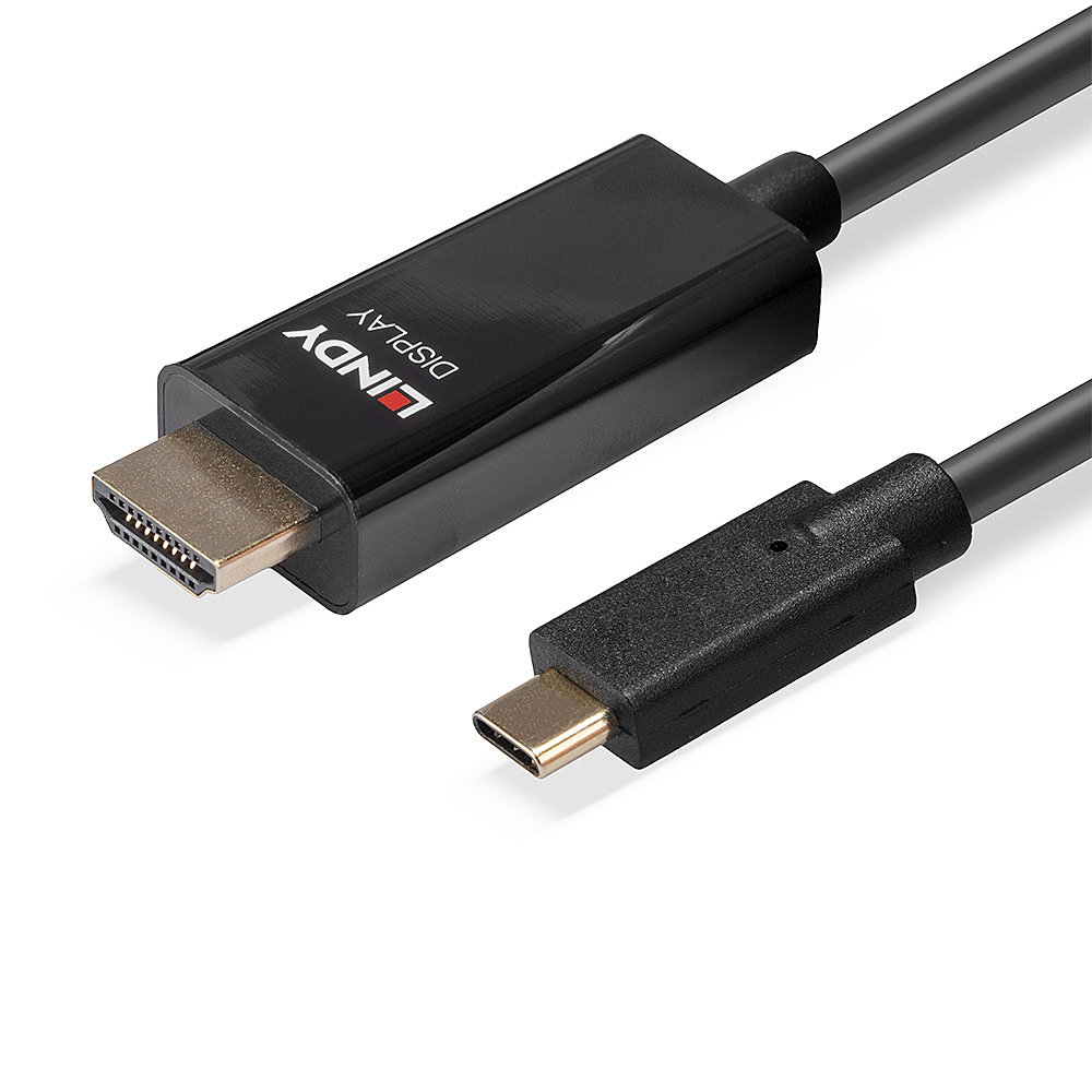 Cavo da HDMI a USB-C nero. Sfondo bianco.