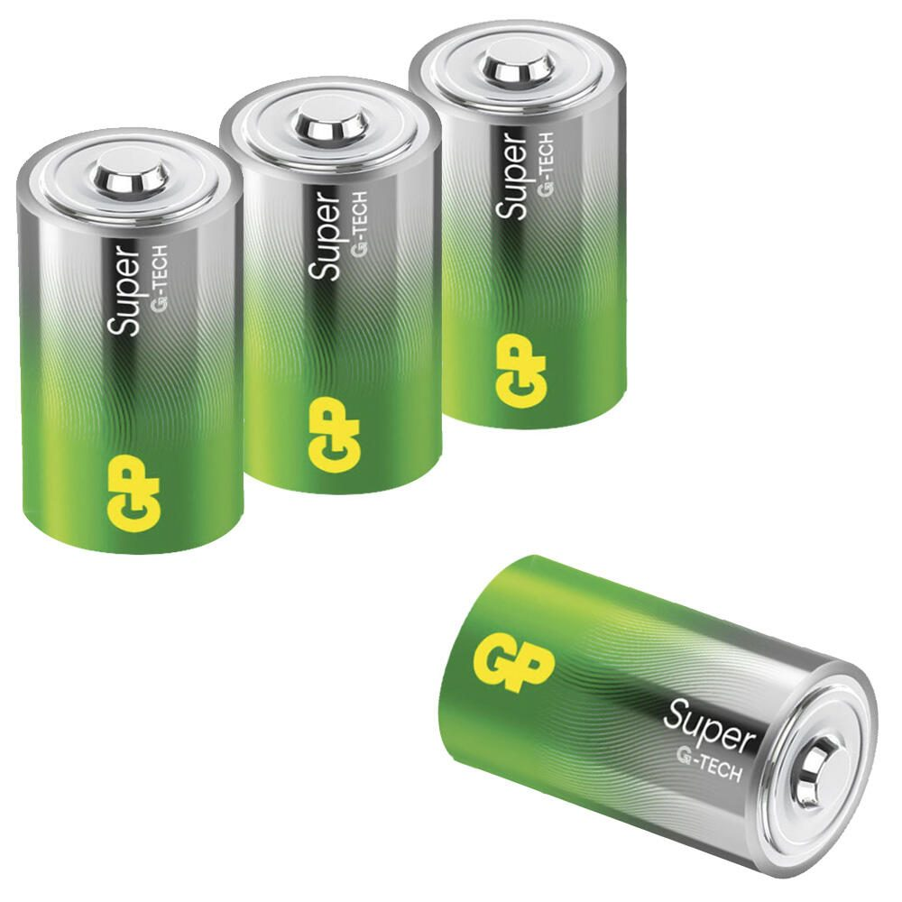 Cztery zielono-srebrne baterie GP G-TECH, z logo GP, jedna leżąca.