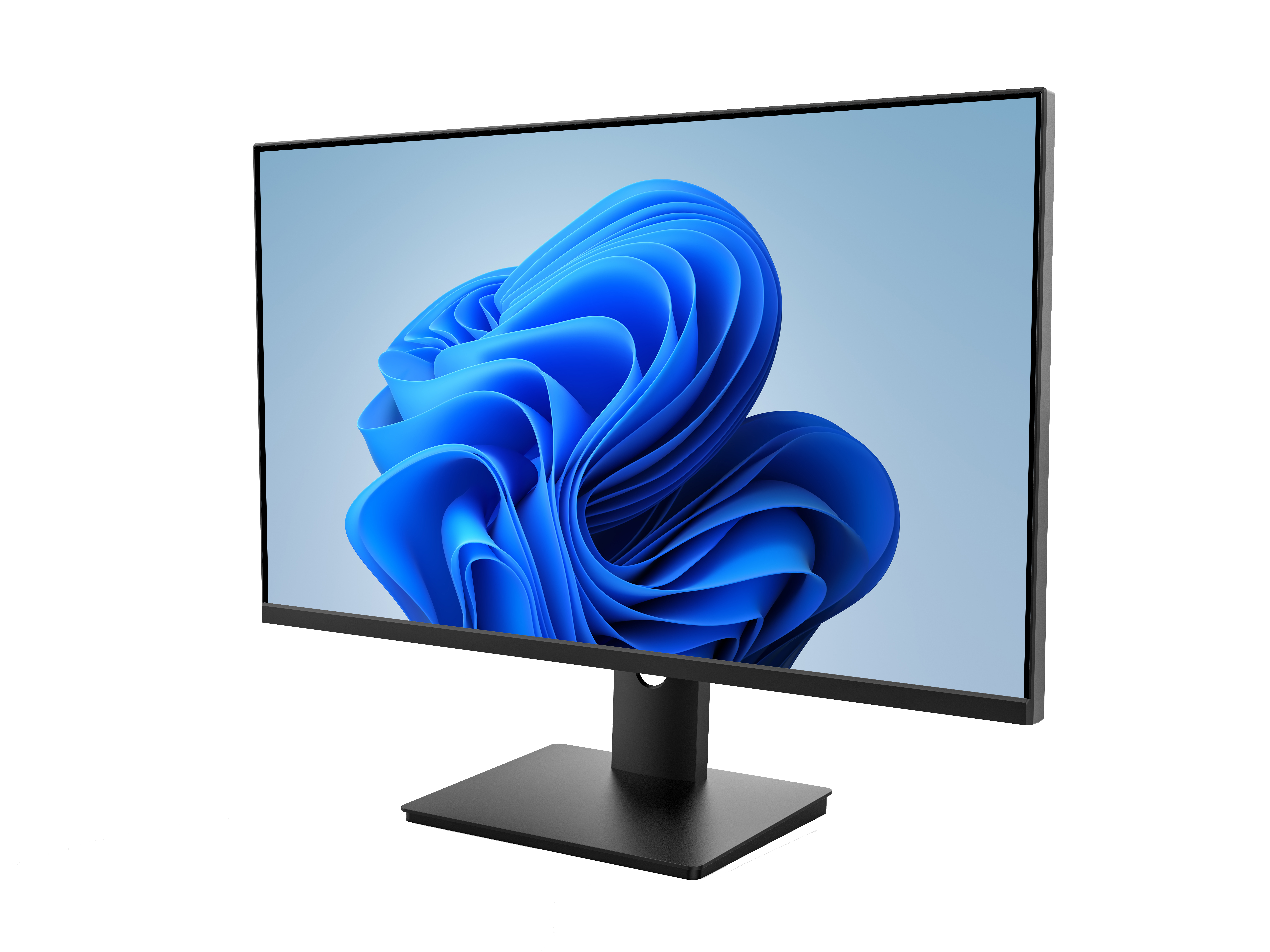 Un monitor per computer nero mostra un design blu a spirale su uno sfondo azzurro.