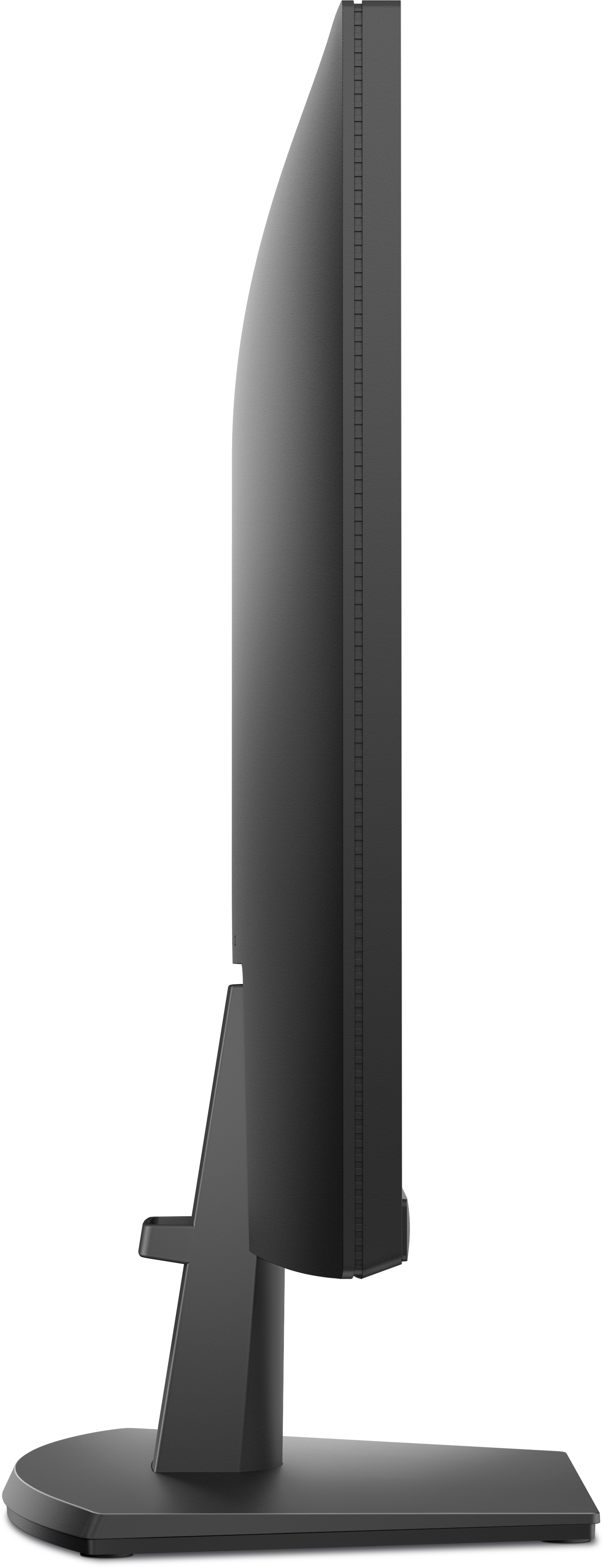 Widok z boku czarnego monitora Dell, pokazujący smukły profil i podstawę.