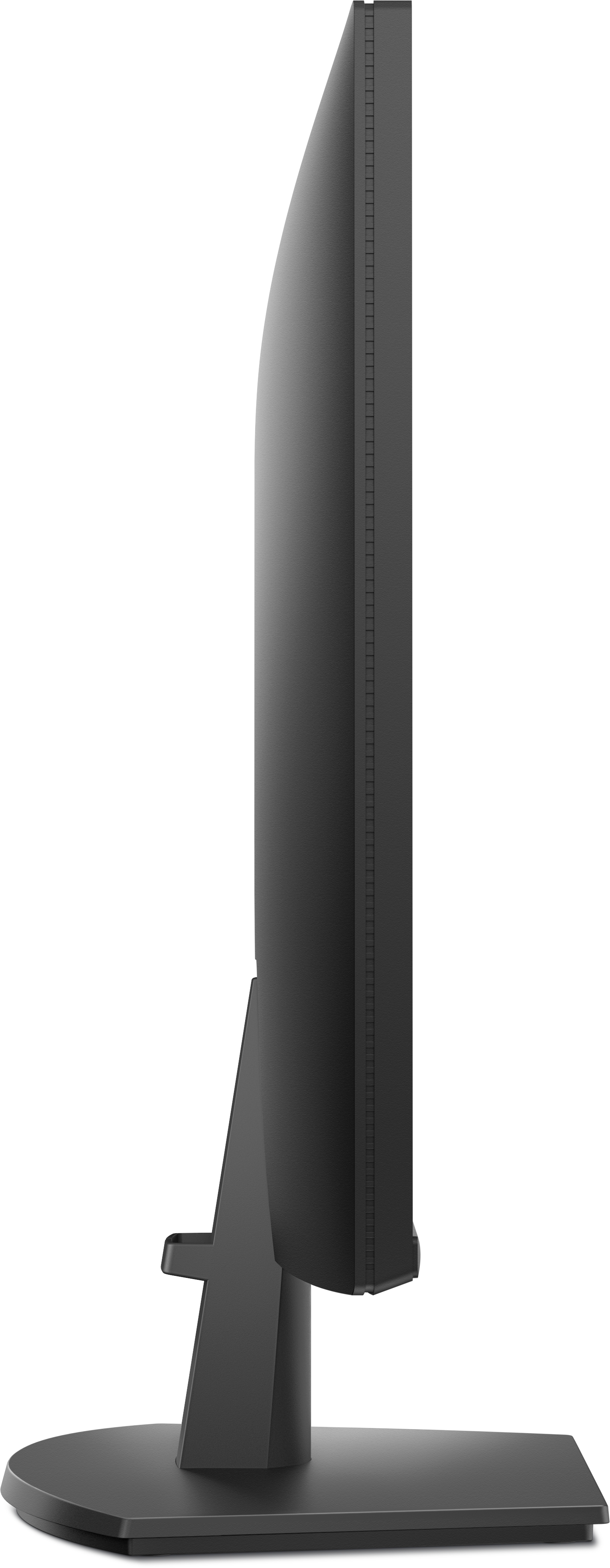 Widok z boku czarnego monitora Dell na czarnym stojaku.