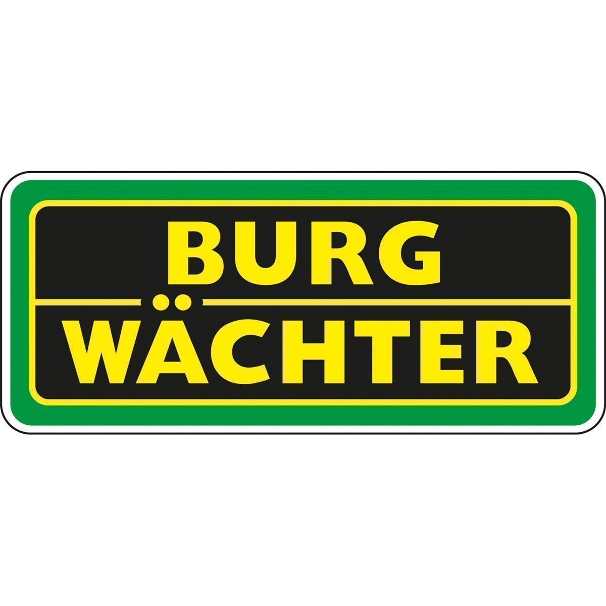 Ein rechteckiges Schild mit grünem Rand und gelbem und schwarzem Text: BURG WÄCHTER.