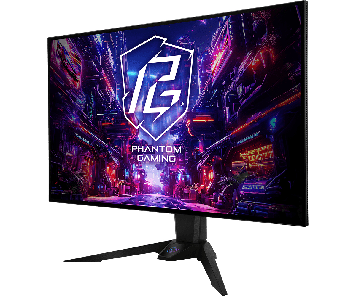 Monitor z sceną z gry. Czarny monitor, na czarnym stojaku, z logo Phantom Gaming.