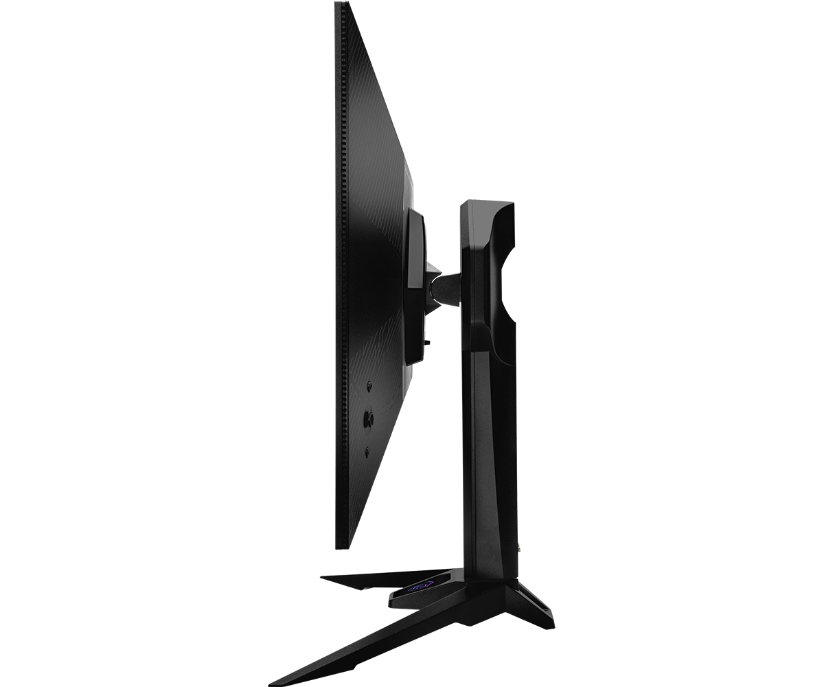 Widok z boku czarnego monitora komputera. Ma podstawkę. Białe tło.