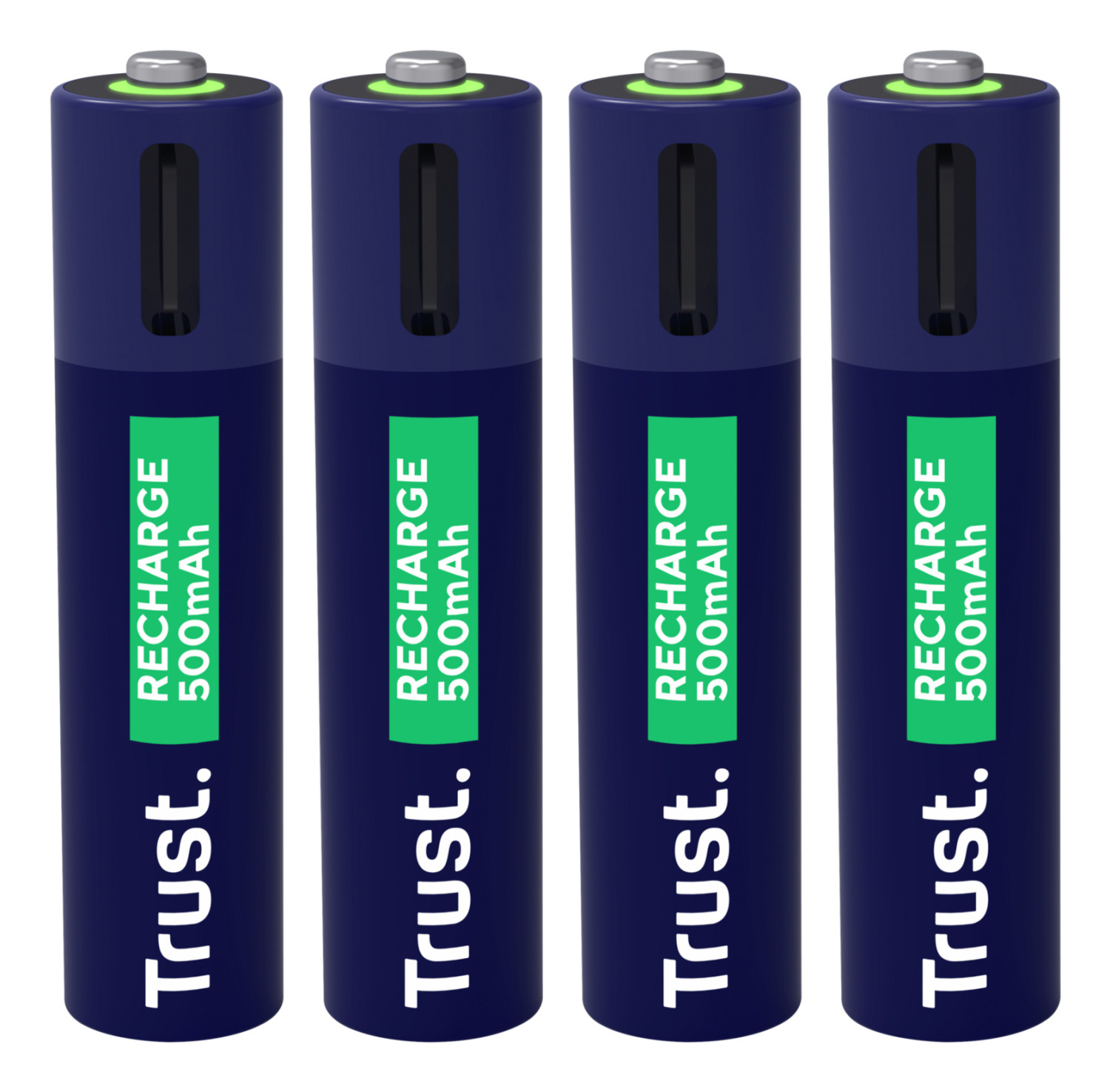 Quattro batterie blu Trust Recharge 500mAh in piedi. Etichetta verde con testo bianco.