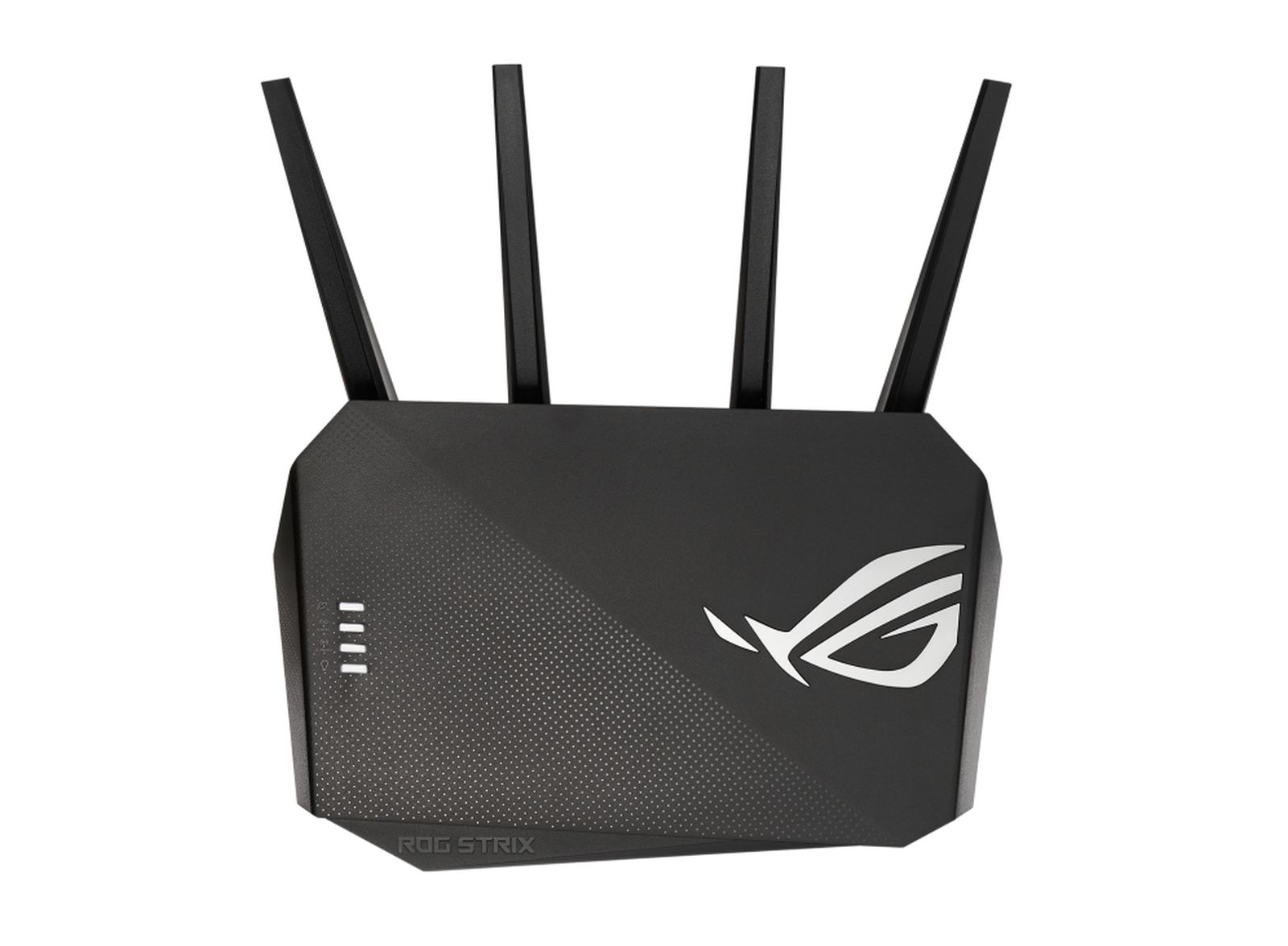 Czarny router z czterema antenami. Logo ROG Strix z przodu. Tekst: ROG STRIX. Białe tło.