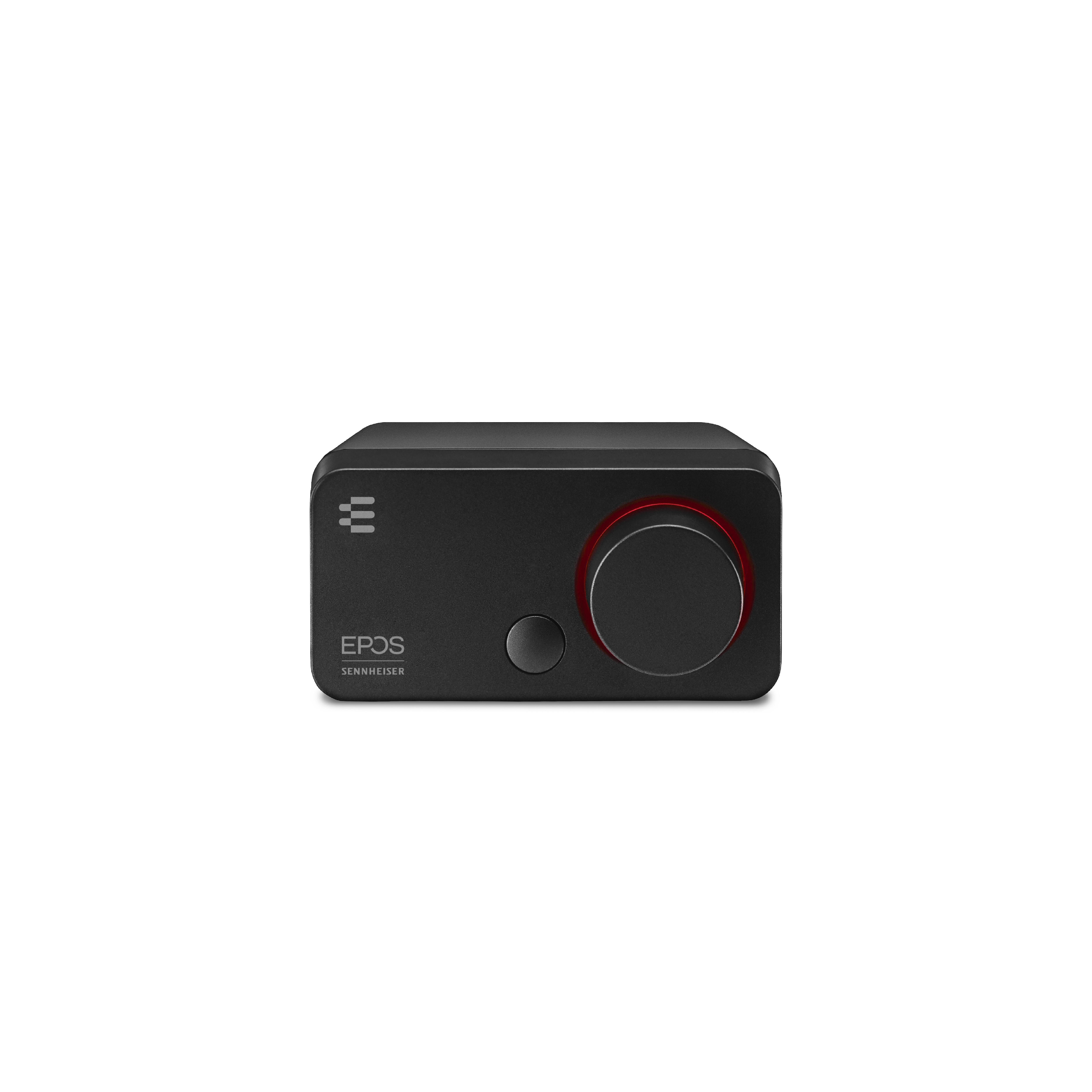 Ein schwarzes Audiogerät mit rotem Drehregler und Taste, beschriftet EPOS SENNHEISER.