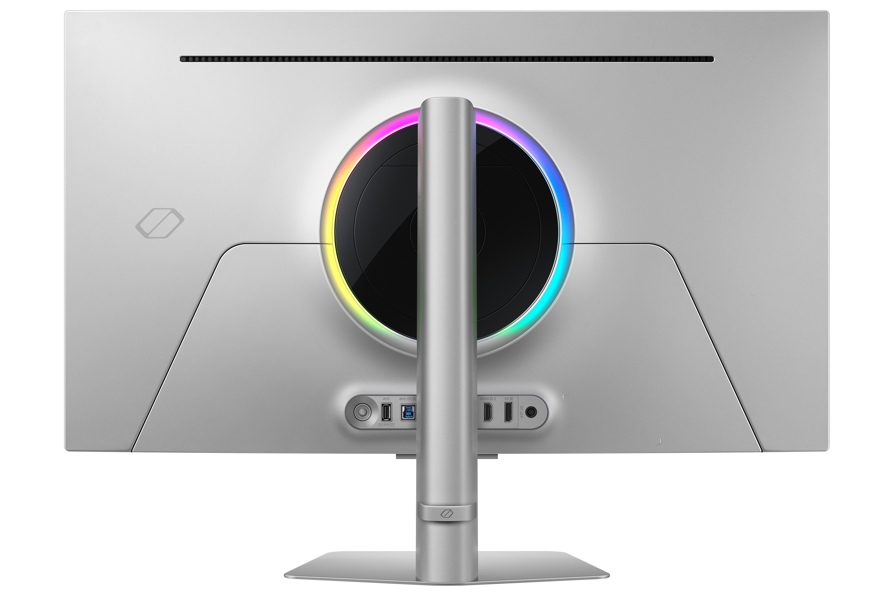 Die Rückseite eines Computermonitors mit farbenfrohem kreisförmigen Design, mit Anschlüssen und Ständer.