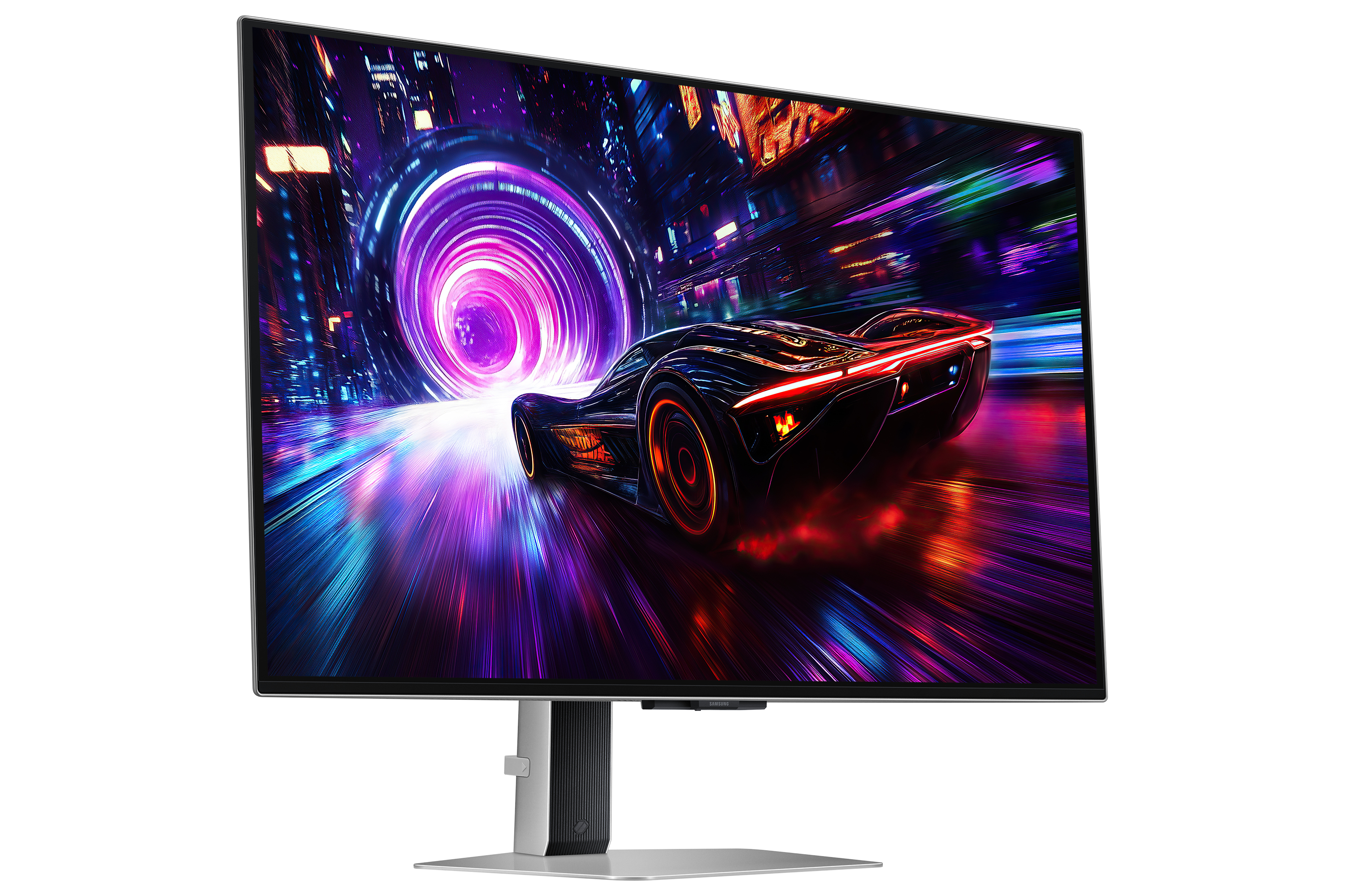 Ein Monitor, der ein Auto zeigt, das auf einer Rennstrecke mit bunten Lichtern und einer Stadtlandschaft fährt.