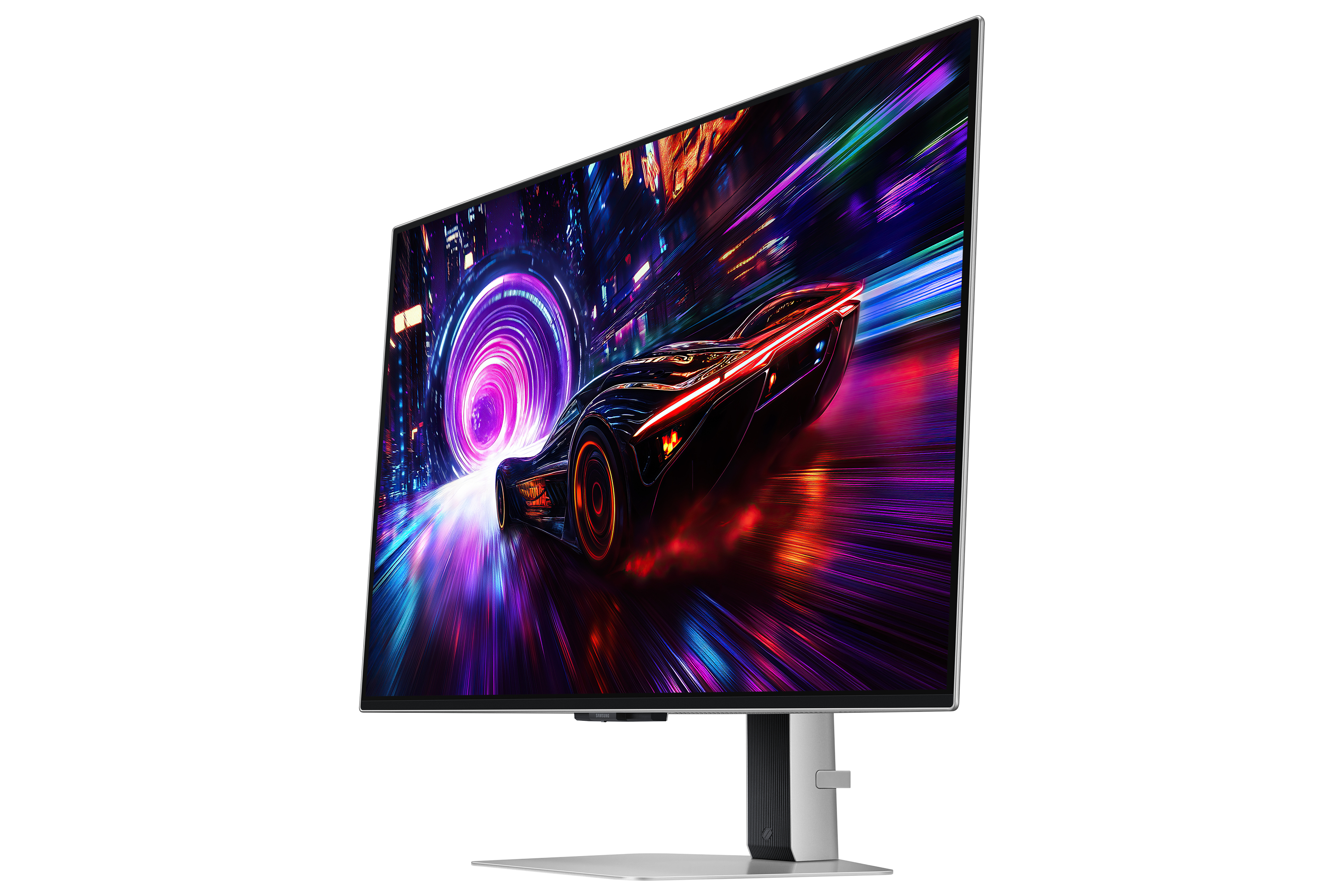 Ein Monitor, der ein Auto zeigt, das auf einer Rennstrecke mit bunten Lichtern und einer Stadtlandschaft fährt.