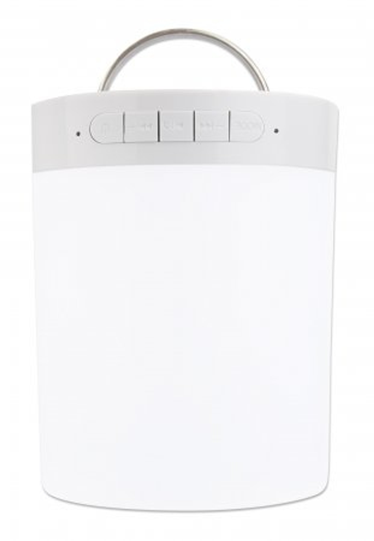 Biały głośnik cylindryczny z przyciskami i srebrnym uchwytem na białej powierzchni.
