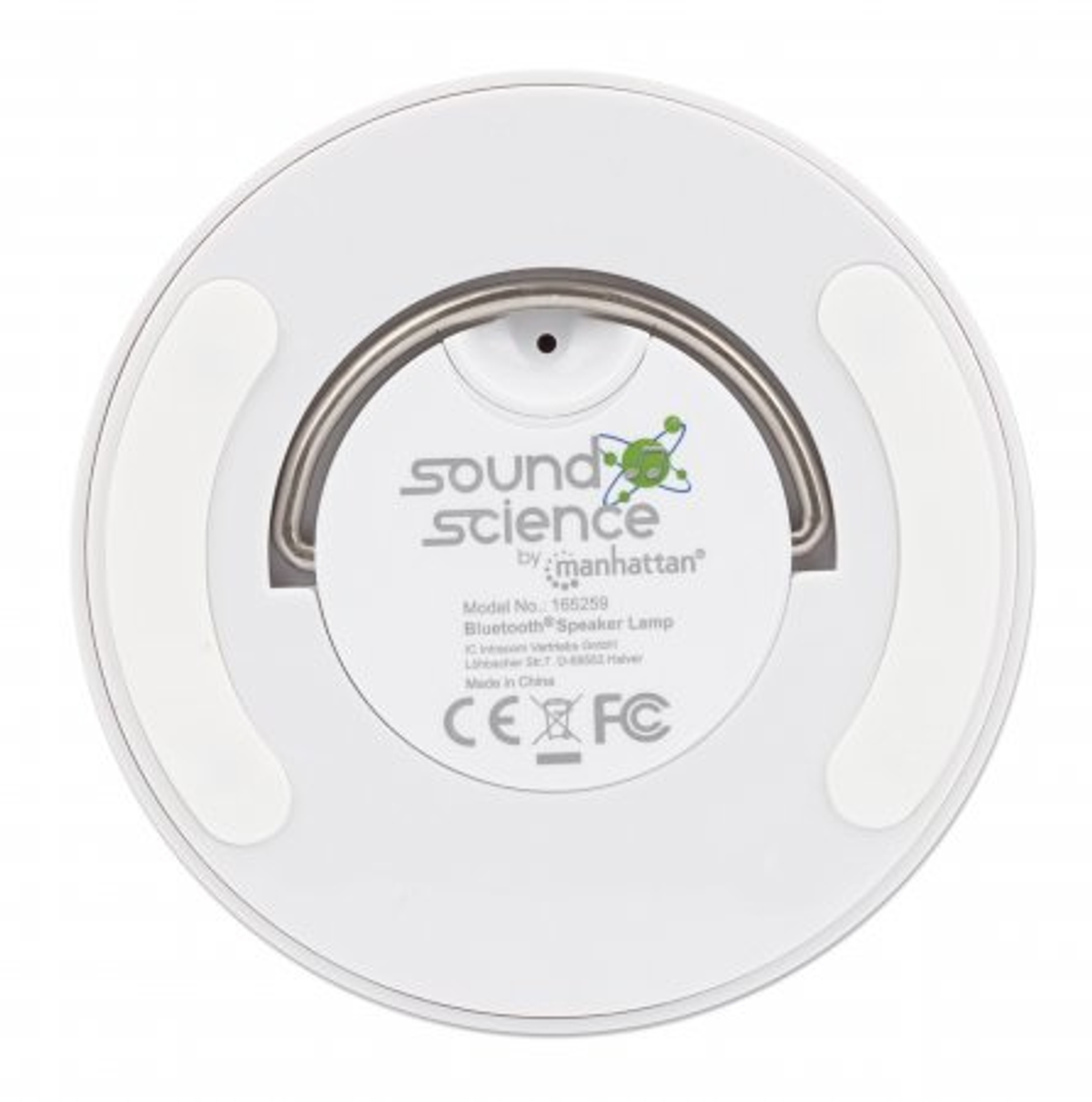 Biała lampa głośnikowa Sound Science, widok od dołu. Pokazuje podstawę i informacje o produkcie.