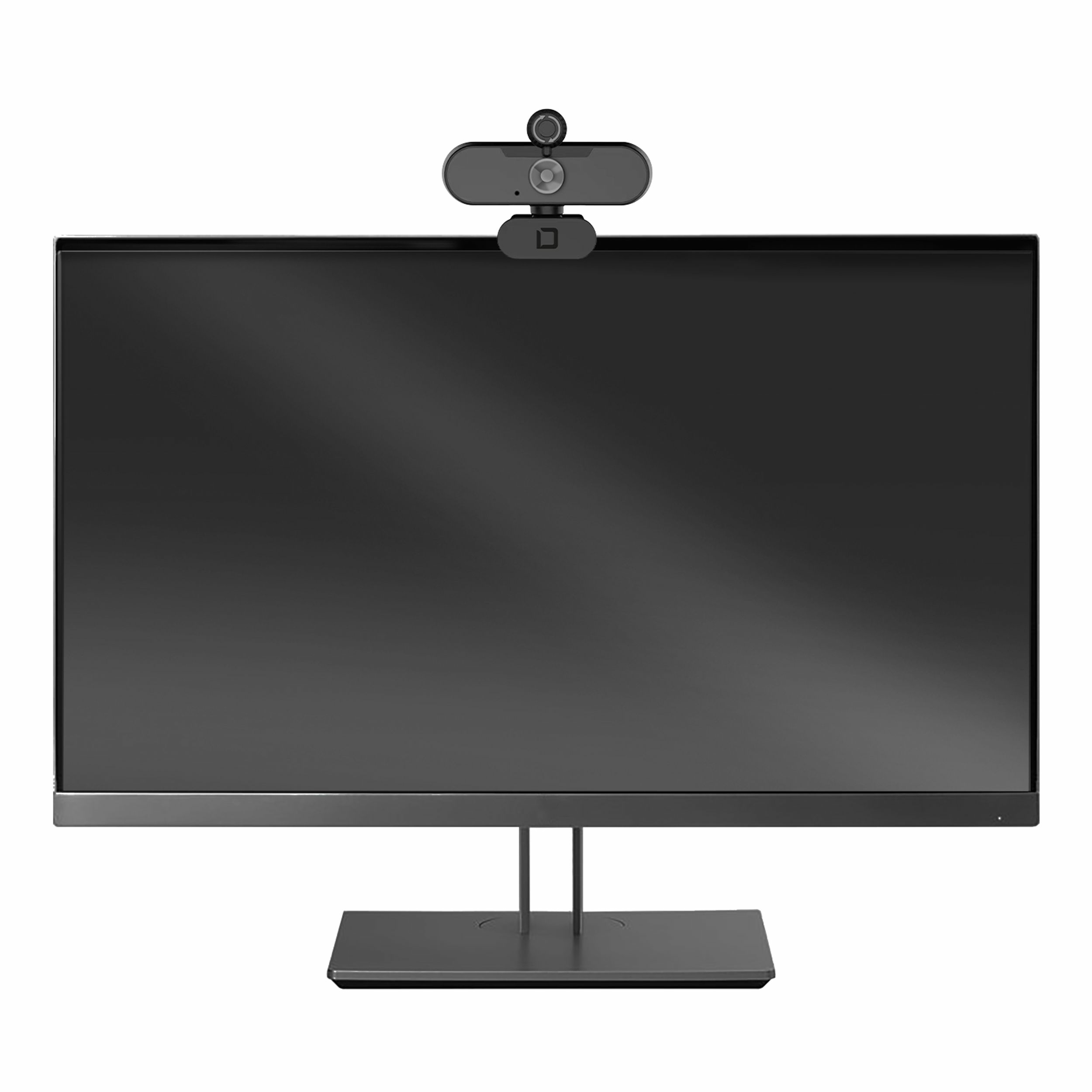 Czarny monitor z kamerą internetową na górze, na czarnej podstawie, na białym tle.