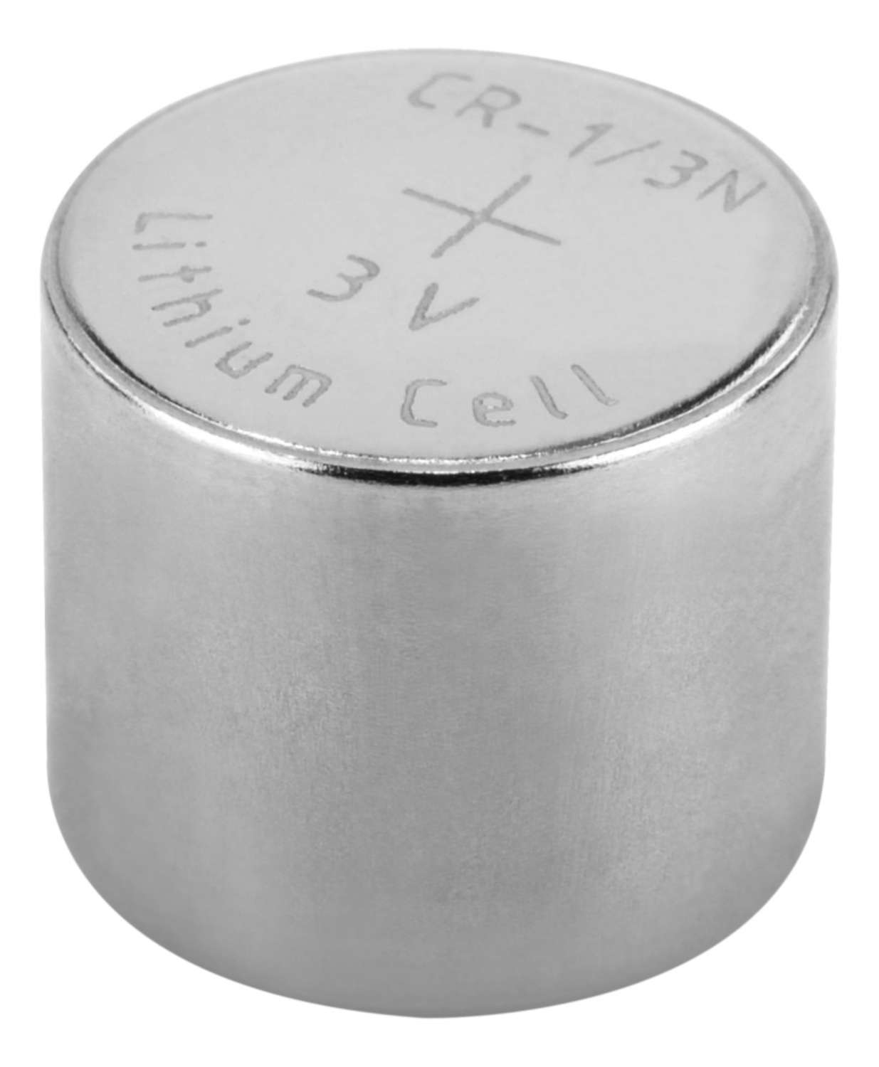 Una batteria a celle al litio CR-1/3N 3V argentata.