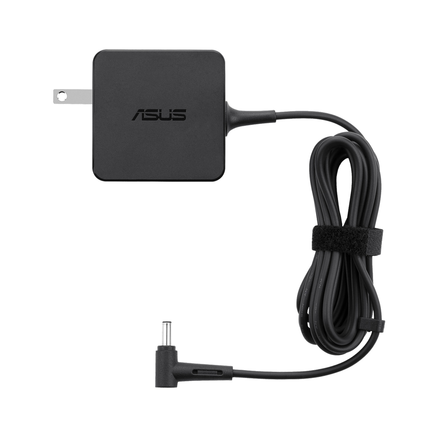 Un adattatore di alimentazione ASUS con corpo, cavo e spina neri.