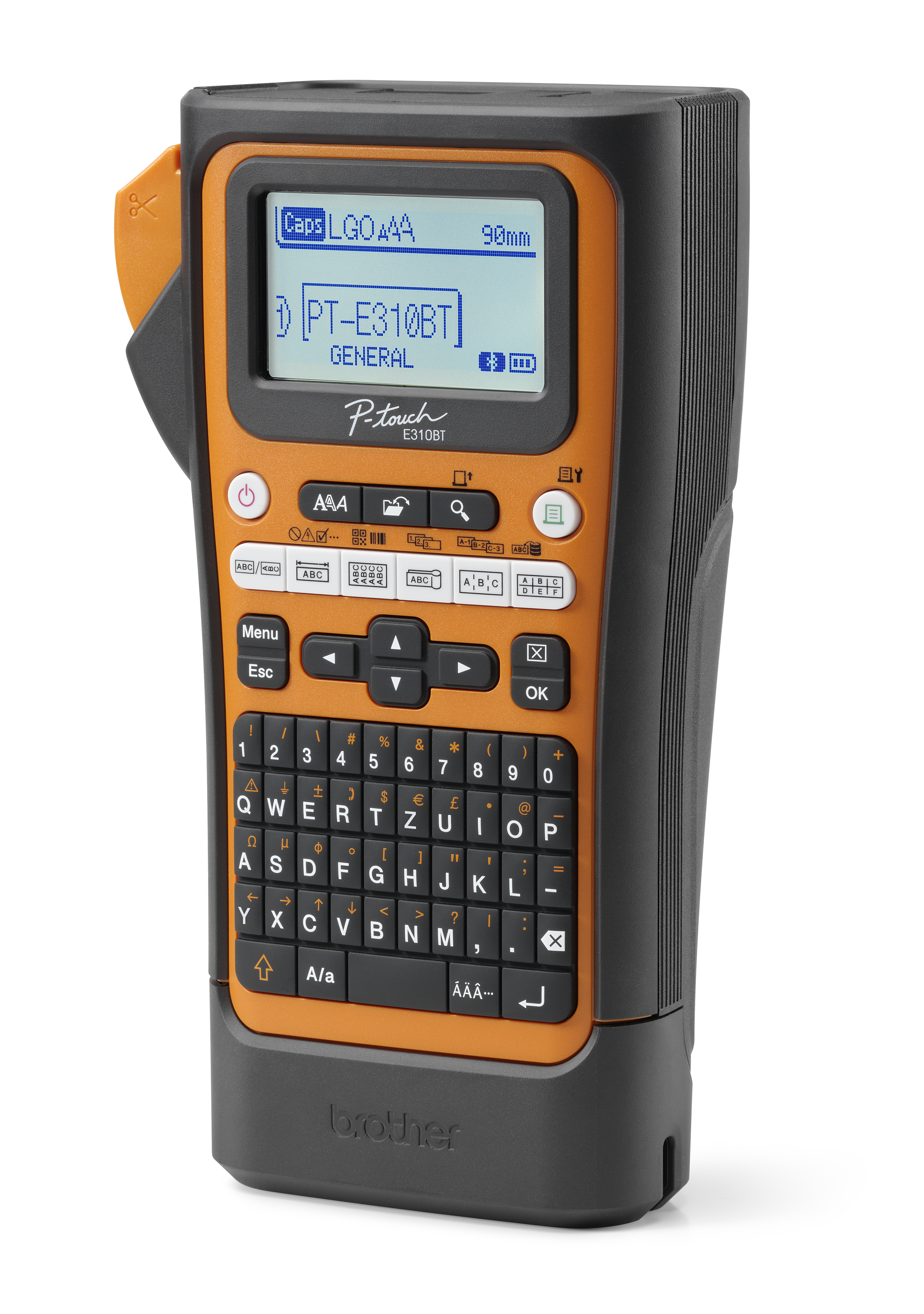 Pomarańczowo-czarna etykieciarka z klawiaturą i ekranem na białym tle.