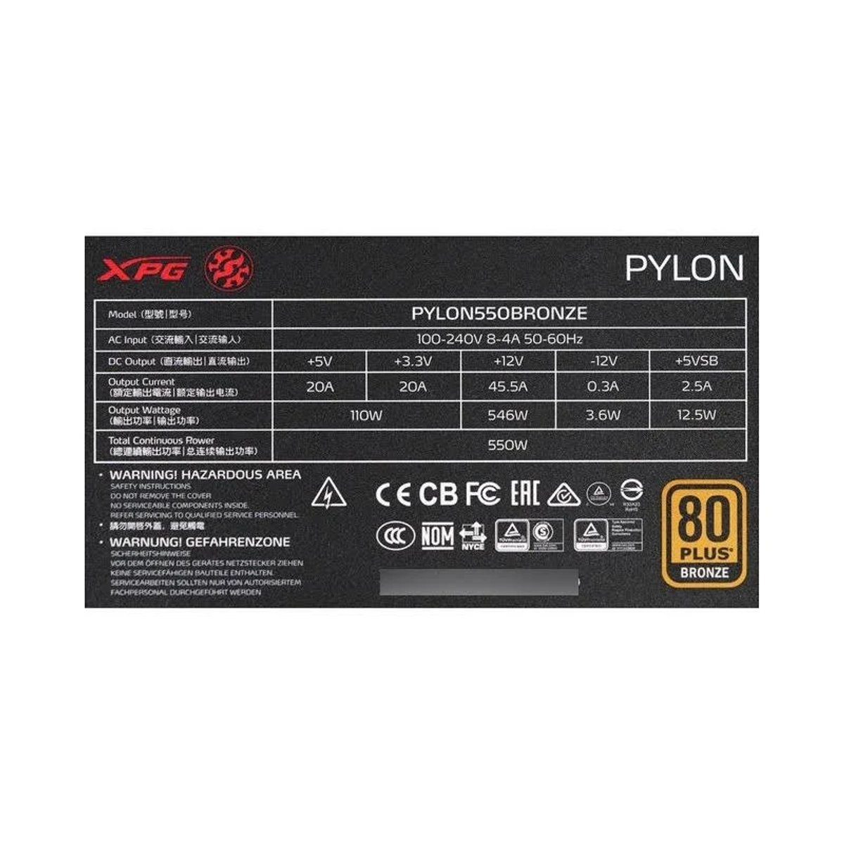 Etykieta zasilacza PC. Czarny tekst na białym tle. Pokazuje specyfikacje i ostrzeżenia.