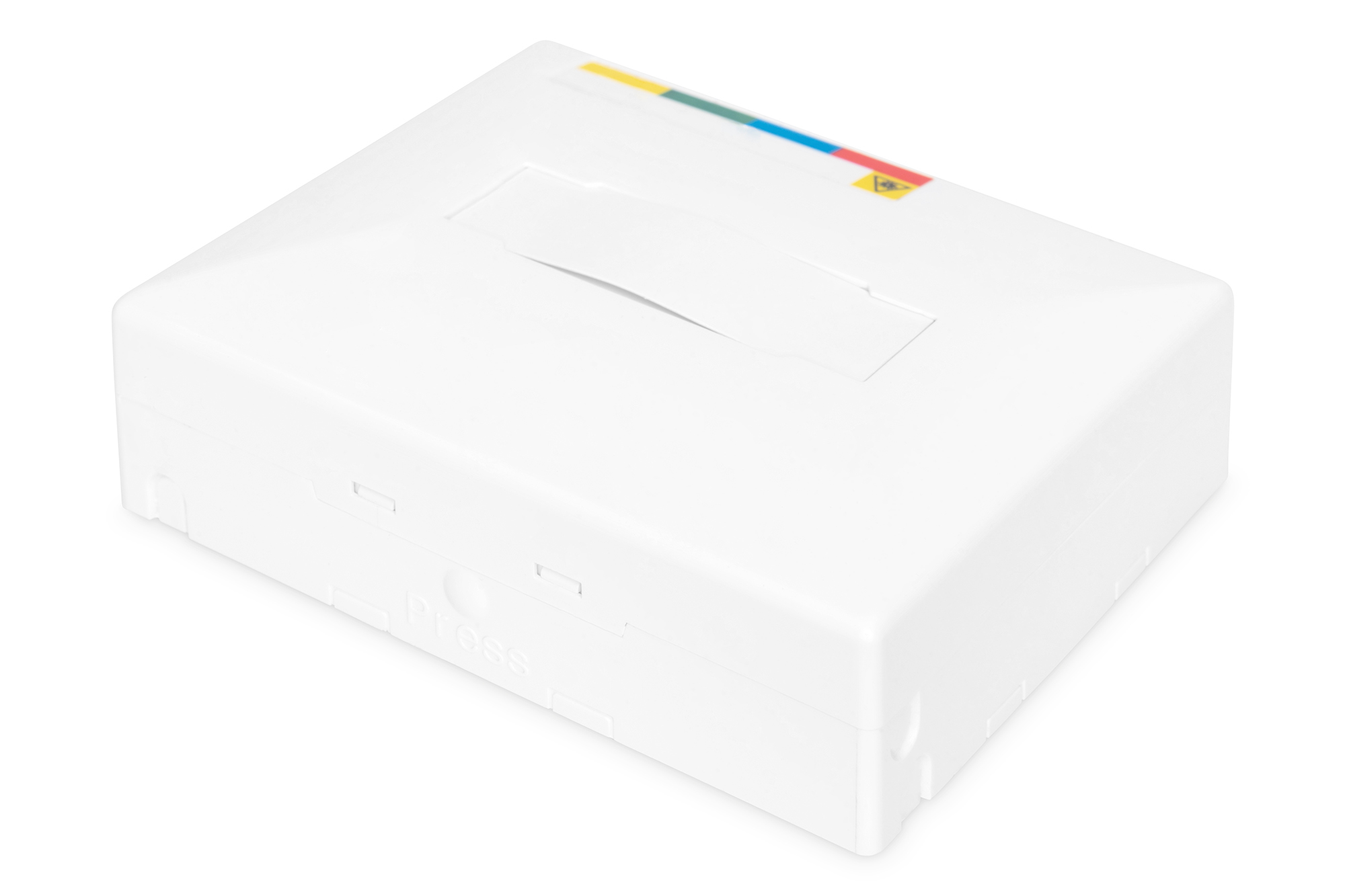 Białe pudełko ze szczeliną. Białe tło, białe pudełko z kolorowymi paskami na górze.